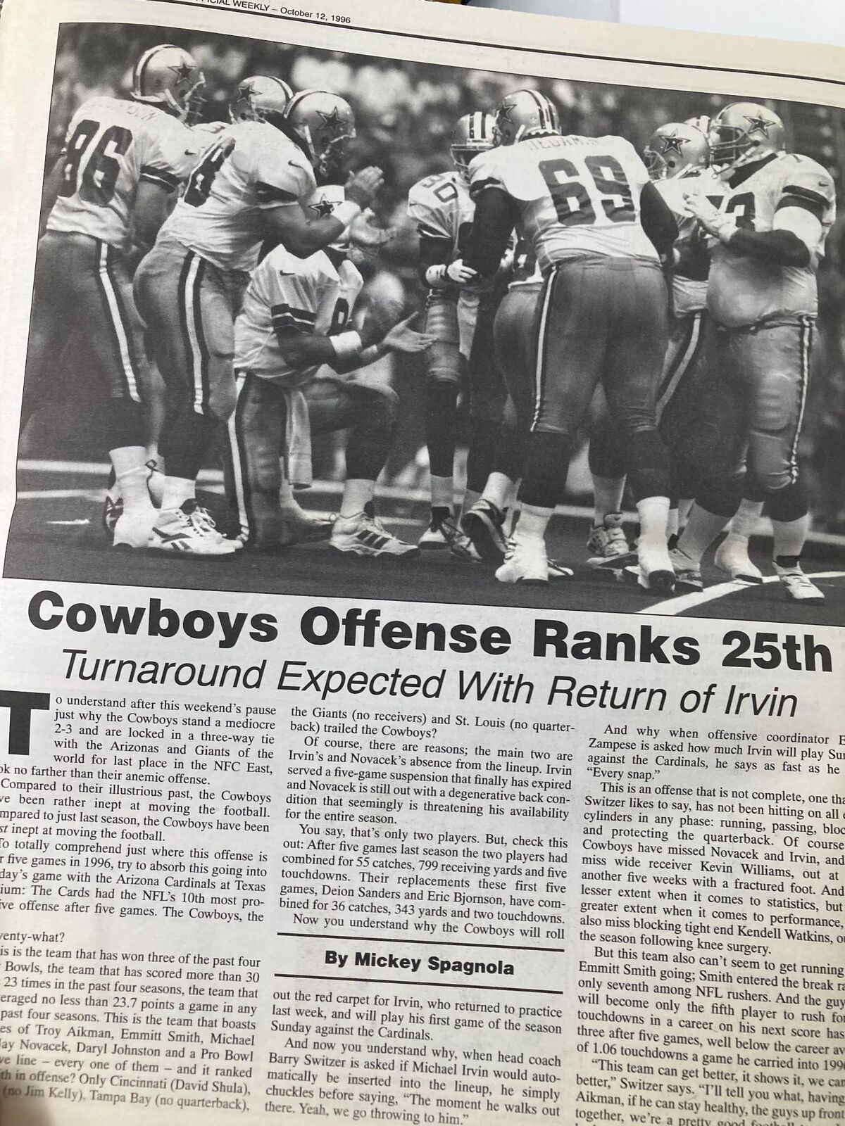 Dallas Cowboys Weekly Newspaper October 12 1996 Vol 22 #18 George Teague