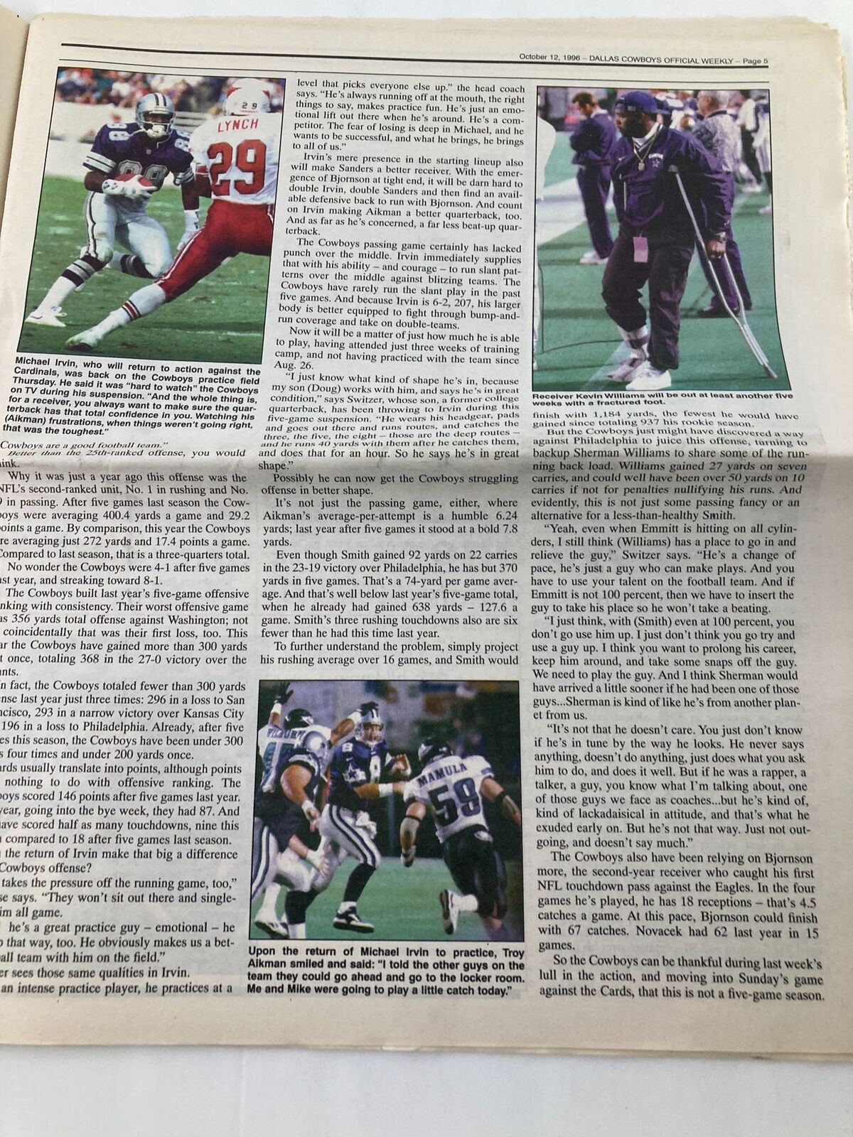 Dallas Cowboys Weekly Newspaper October 12 1996 Vol 22 #18 George Teague