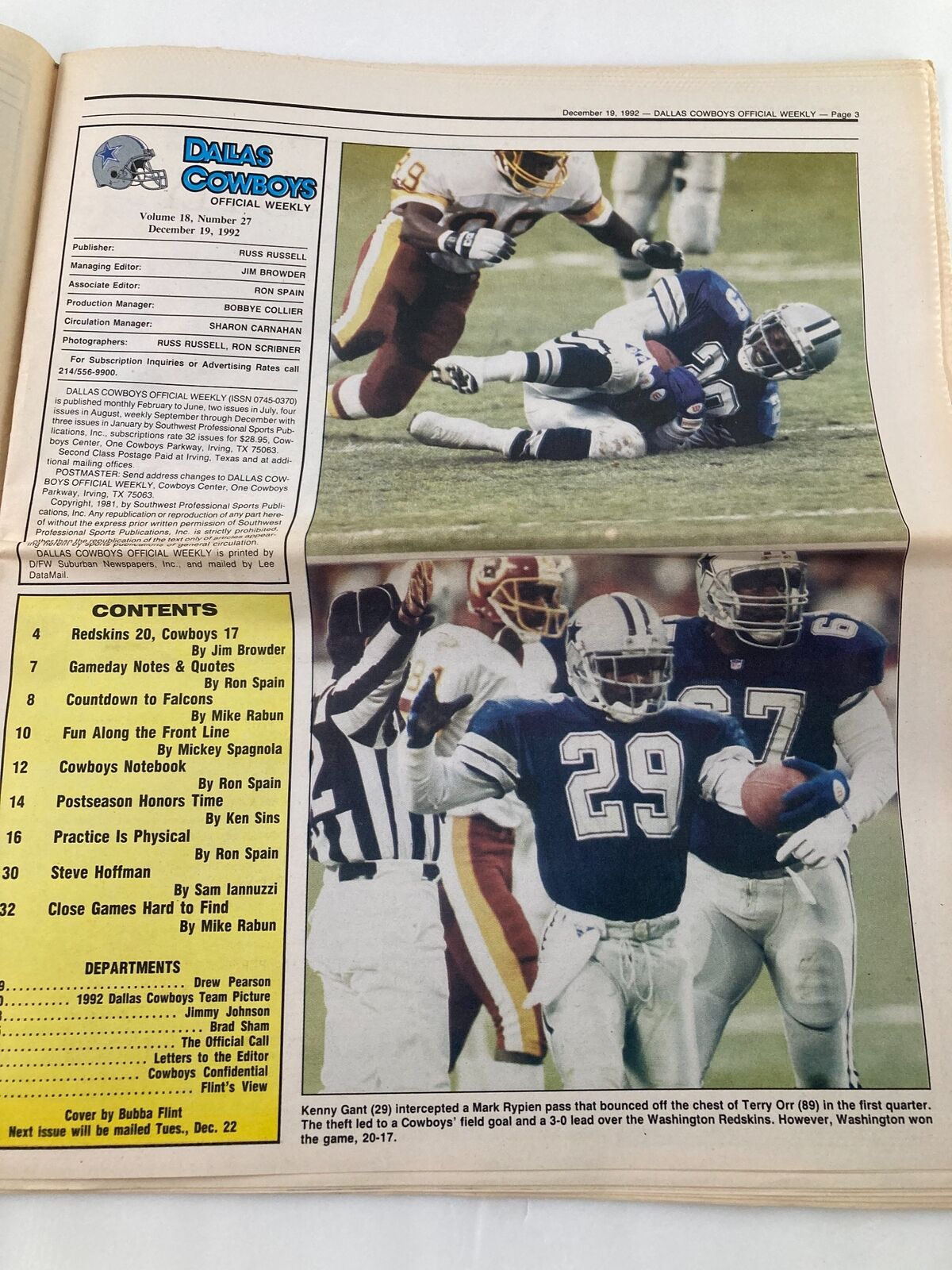 Dallas Cowboys Weekly Newspaper December 19 1992 Vol 18 #27 Kenny Gant