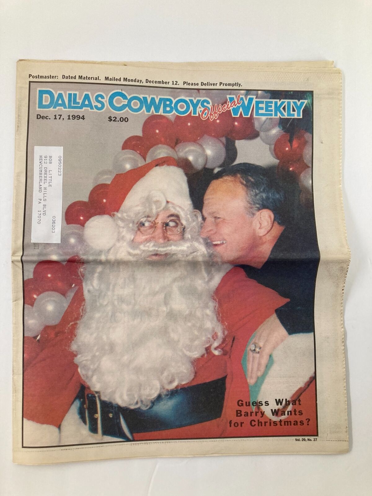 Dallas Cowboys Weekly Newspaper December 17 1994 Vol 20 #27 Barry Switzer