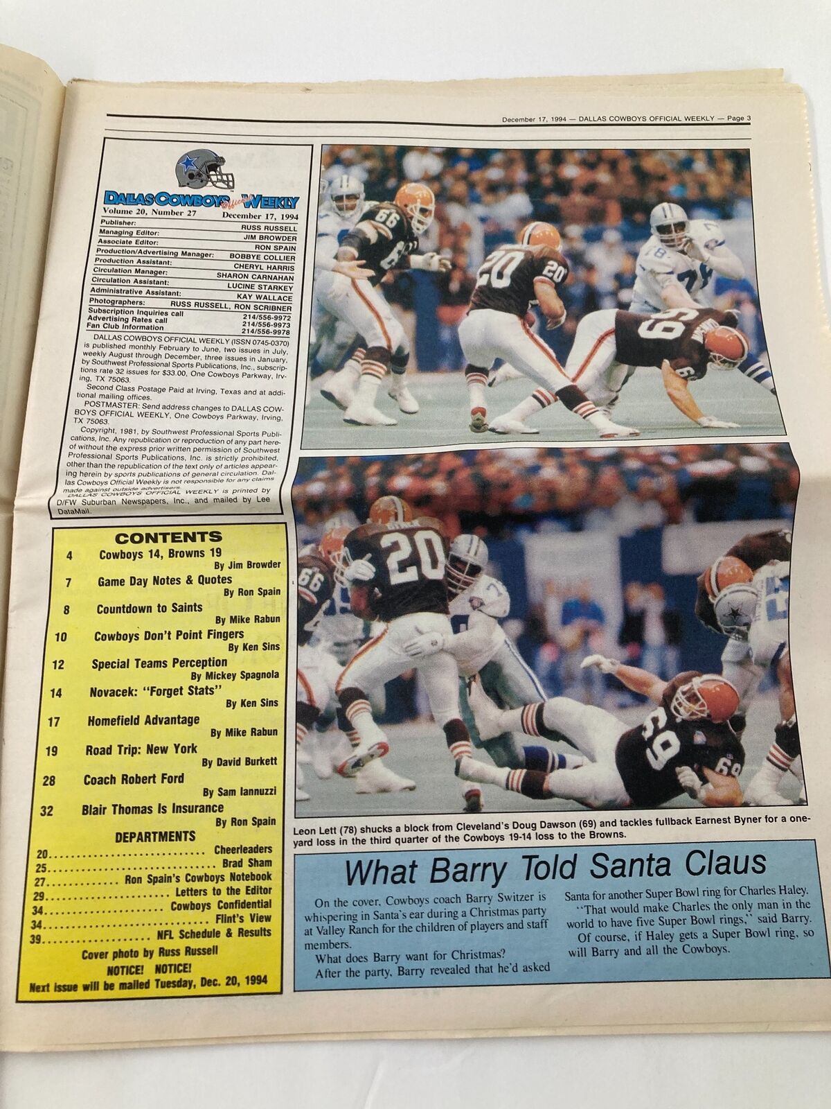 Dallas Cowboys Weekly Newspaper December 17 1994 Vol 20 #27 Barry Switzer