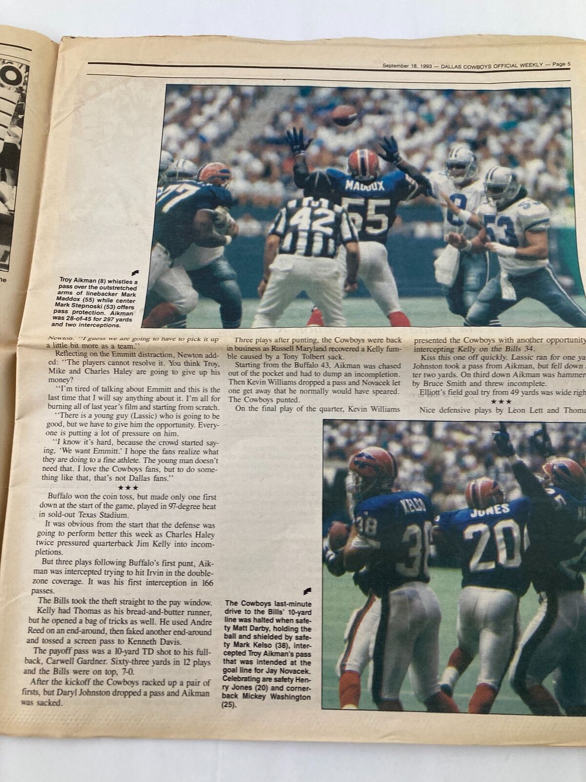 Dallas Cowboys Weekly Newspaper September 18 1993 Vol 19 #13 Michael Irvin