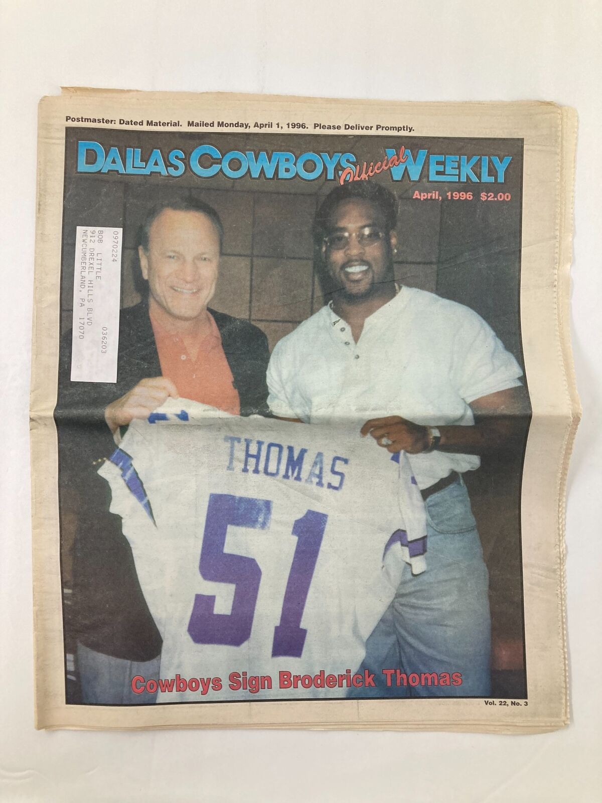 Dallas Cowboys Weekly Newspaper April 1996 Vol 22 #3 Broderick Thomas