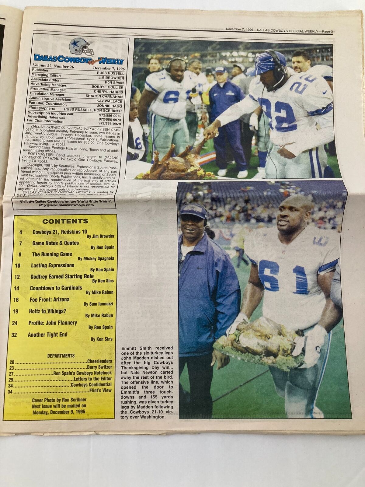 Dallas Cowboys Weekly Newspaper December 7 1996 Vol 22 #26 Leon Lett Terry Allen