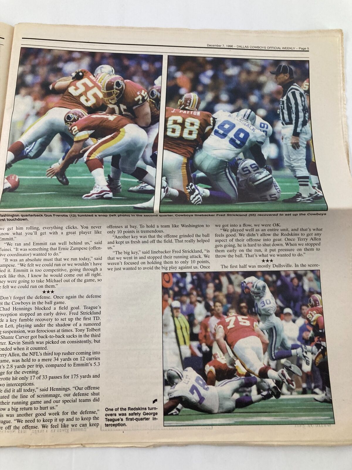 Dallas Cowboys Weekly Newspaper December 7 1996 Vol 22 #26 Leon Lett Terry Allen