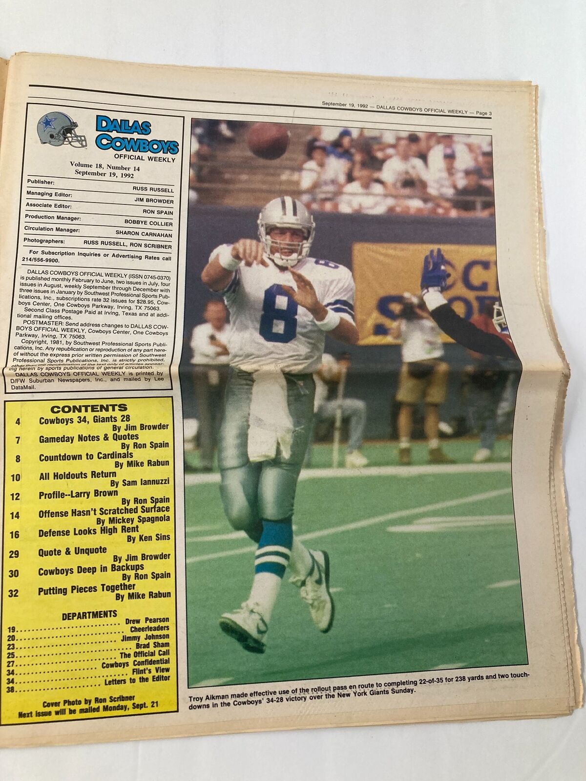 Dallas Cowboys Weekly Newspaper September 19 1992 Vol 18 #14 Ken Norton