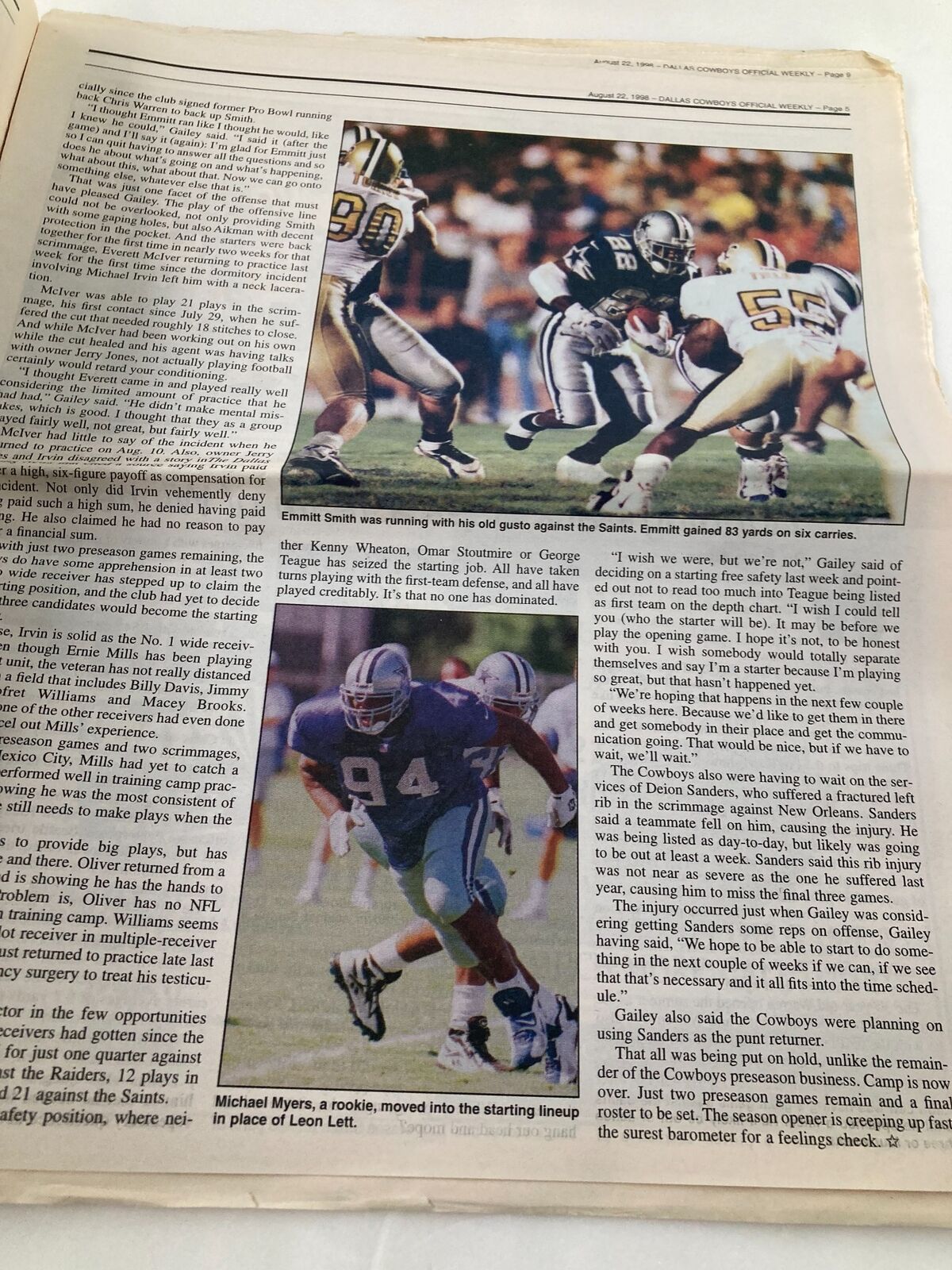 Dallas Cowboys Weekly Newspaper August 22 1998 Vol 24 #10 Troy Aikman