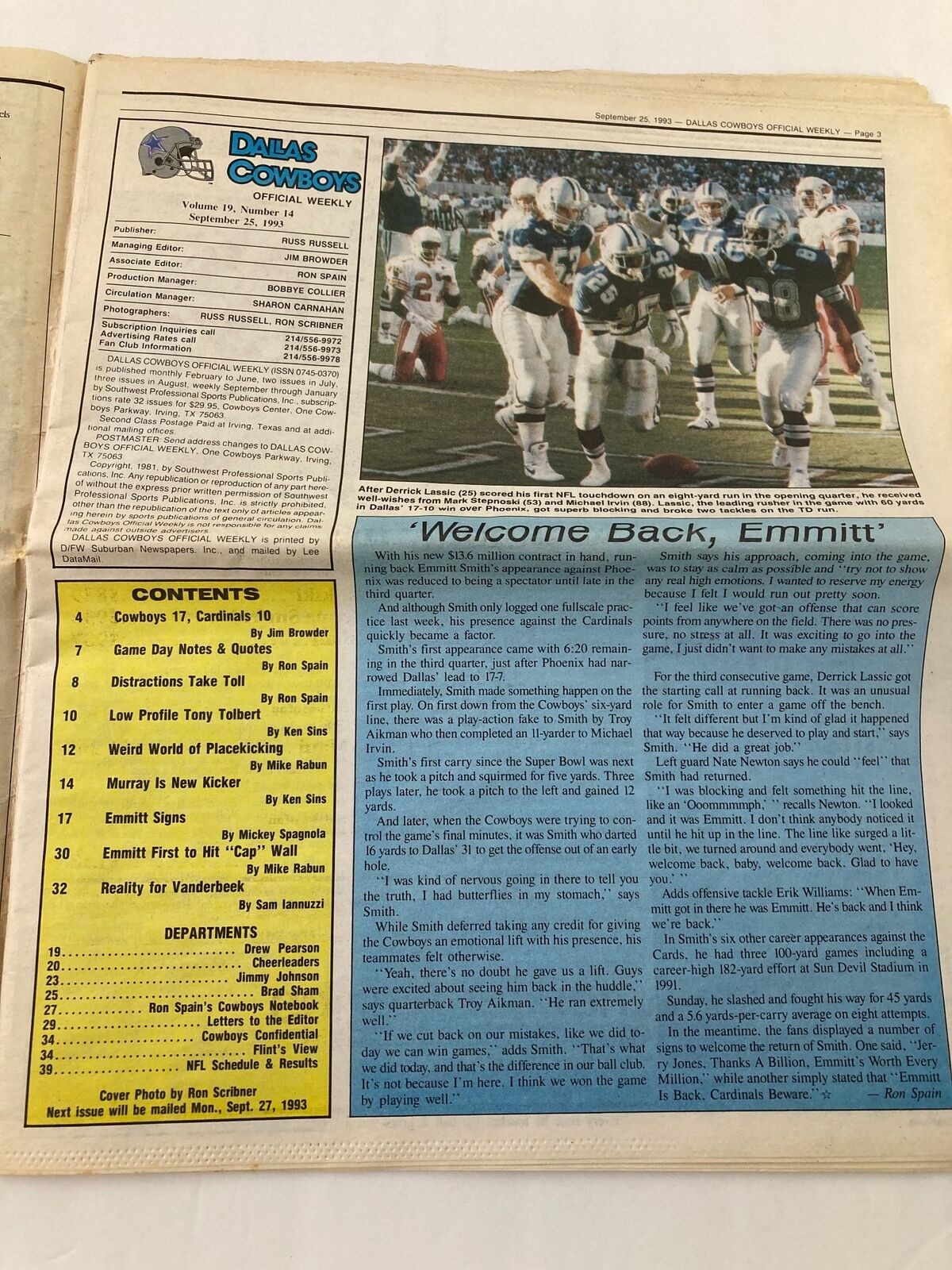 Dallas Cowboys Weekly Newspaper September 25 1993 Vol 19 #14 Tony Talbert