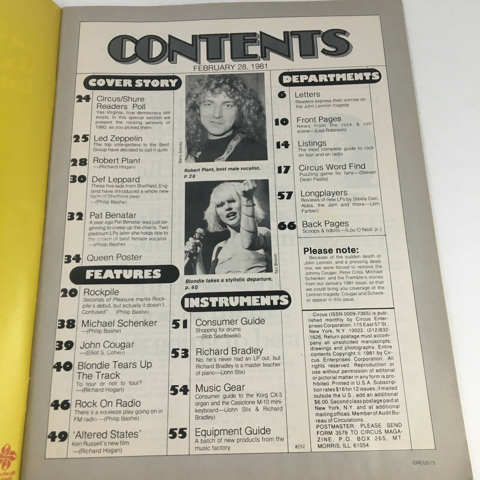 Circus Magazine February 28 1981 Pat Benatar & Robert Plant Poster No Label