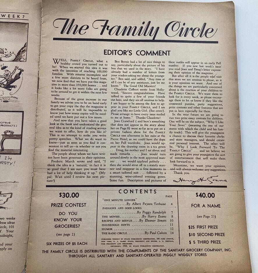 VTG The Family Circle Magazine September 16 1932 Joan Bennett No Label