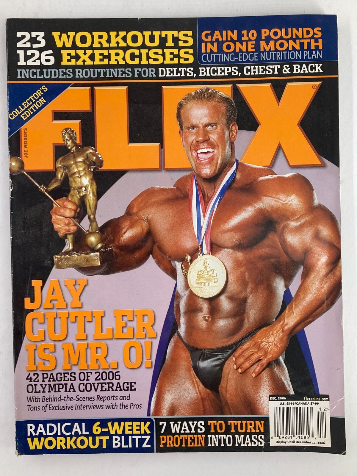 Cover of Flex Magazine December 2006 Vol 24 #10 featuring Jay Cutler as Mr. Olympia, showcasing his award-winning physique and medal.