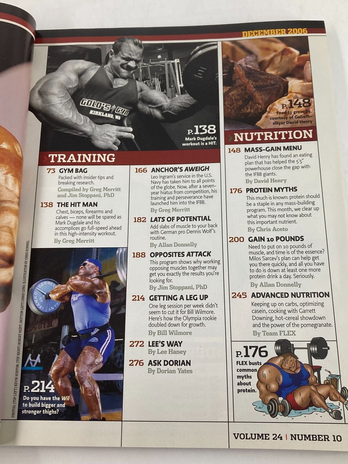 Interior page of Flex Magazine December 2006 Vol 24 #10 displaying training and nutrition articles relevant to bodybuilding.