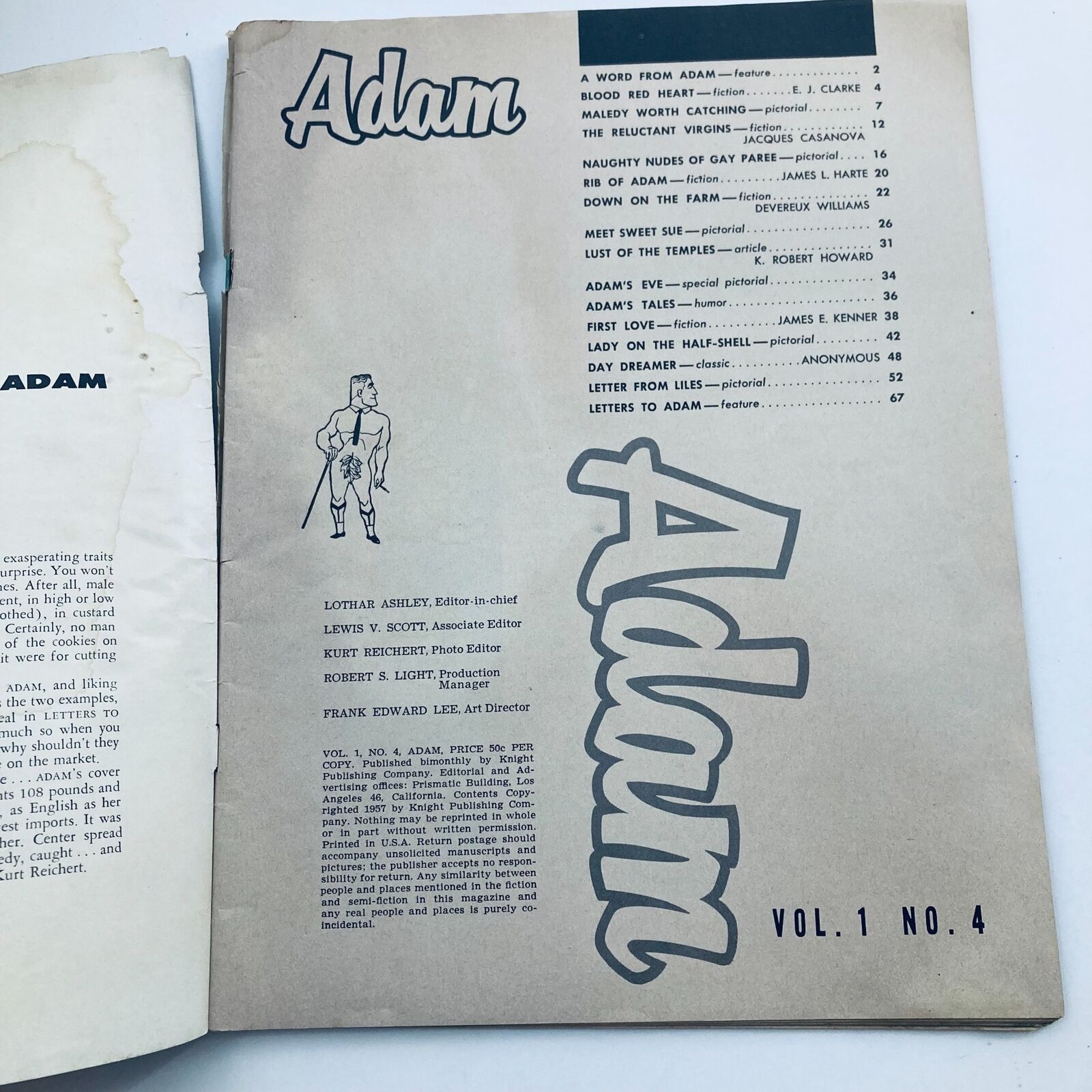 Table of contents page from VTG Adam Magazine February 1957 Vol 1 No 4 showcasing articles and photo stories including 'Naughty Nudes of Gay Paree'.