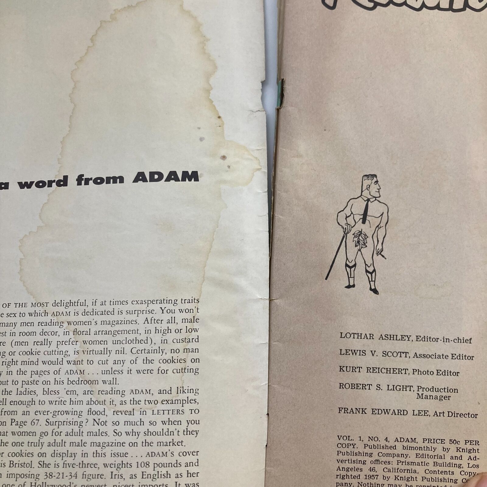 Close-up of the 'A Word From Adam' page in VTG Adam Magazine February 1957 Vol 1 No 4, detailing editor notes and magazine features.