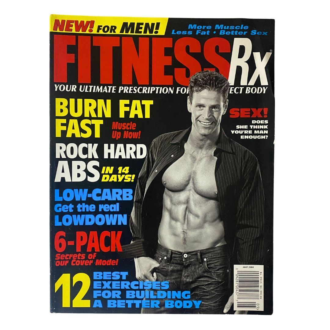Fitness RX Magazine May 2004 cover featuring a male model with a sculpted physique, showcasing the title '6-Pack Secrets of our Cover Model', highlighting fitness tips for achieving a toned body.