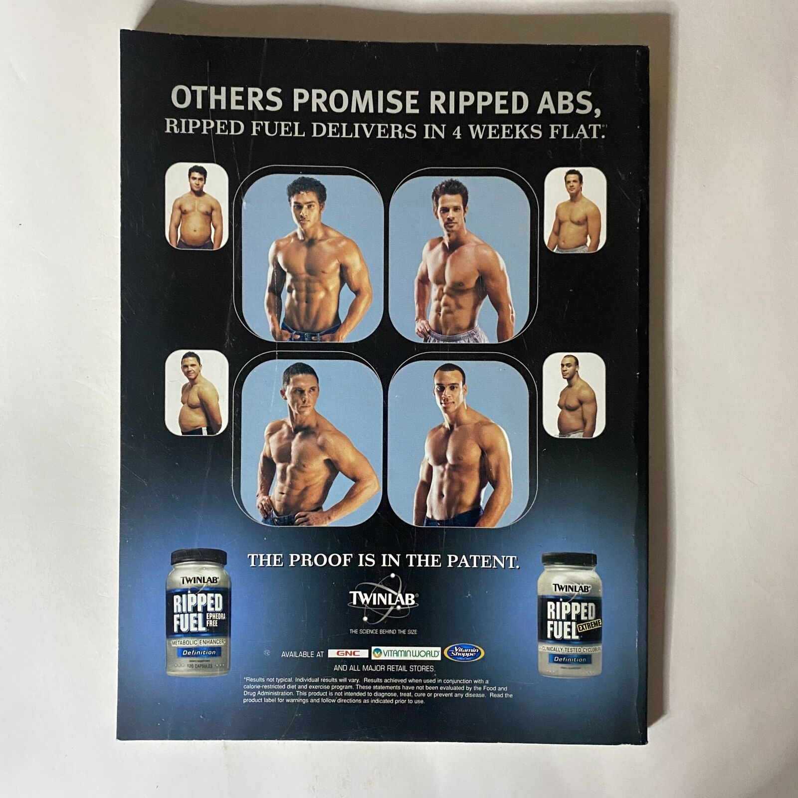 Back cover of Fitness RX Magazine May 2004, featuring an advertisement for Ripped Fuel, promoting fitness results and showcasing images of muscular models highlighting fitness and wellness.
