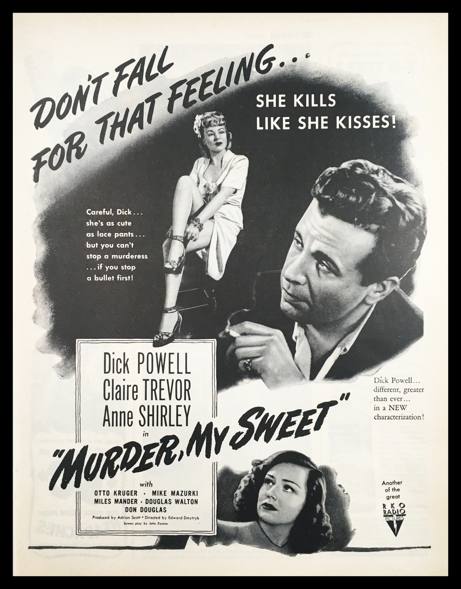 1945 Dick Powell & Claire Trevor, Murder in My Sweet Vintage Print Ad