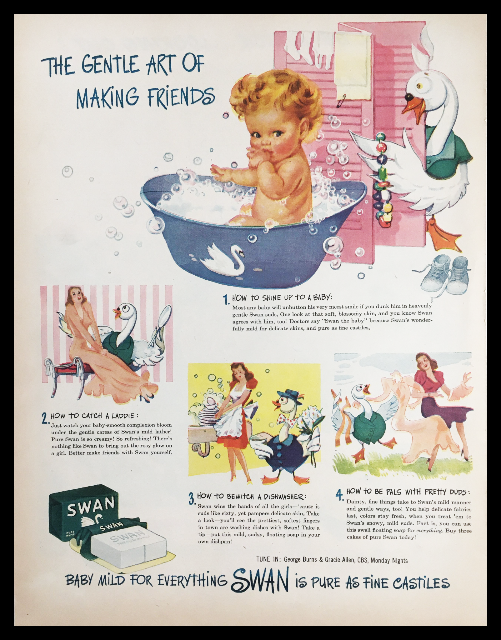 1945 Swan Soap Gentle Art of Making Friends Vintage Print Ad