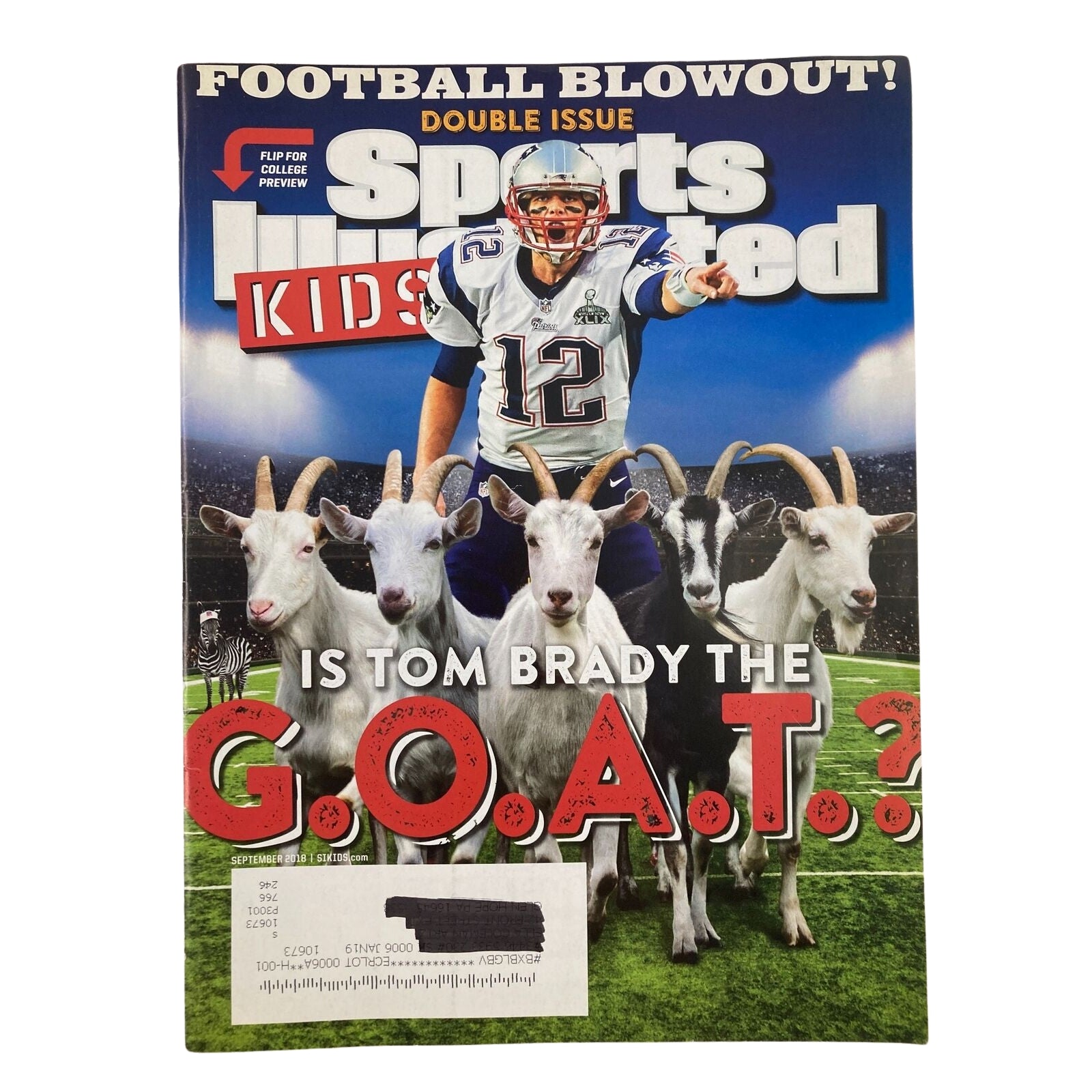 Cover of Sports Illustrated Kids, September 2018, showcasing Tom Brady in a humorous football-themed layout with goats. It questions if he is the G.O.A.T. Lot of 7 2000s 2010s Sports Illustrated Kids magazines NFL Tom Brady NO CARDS.