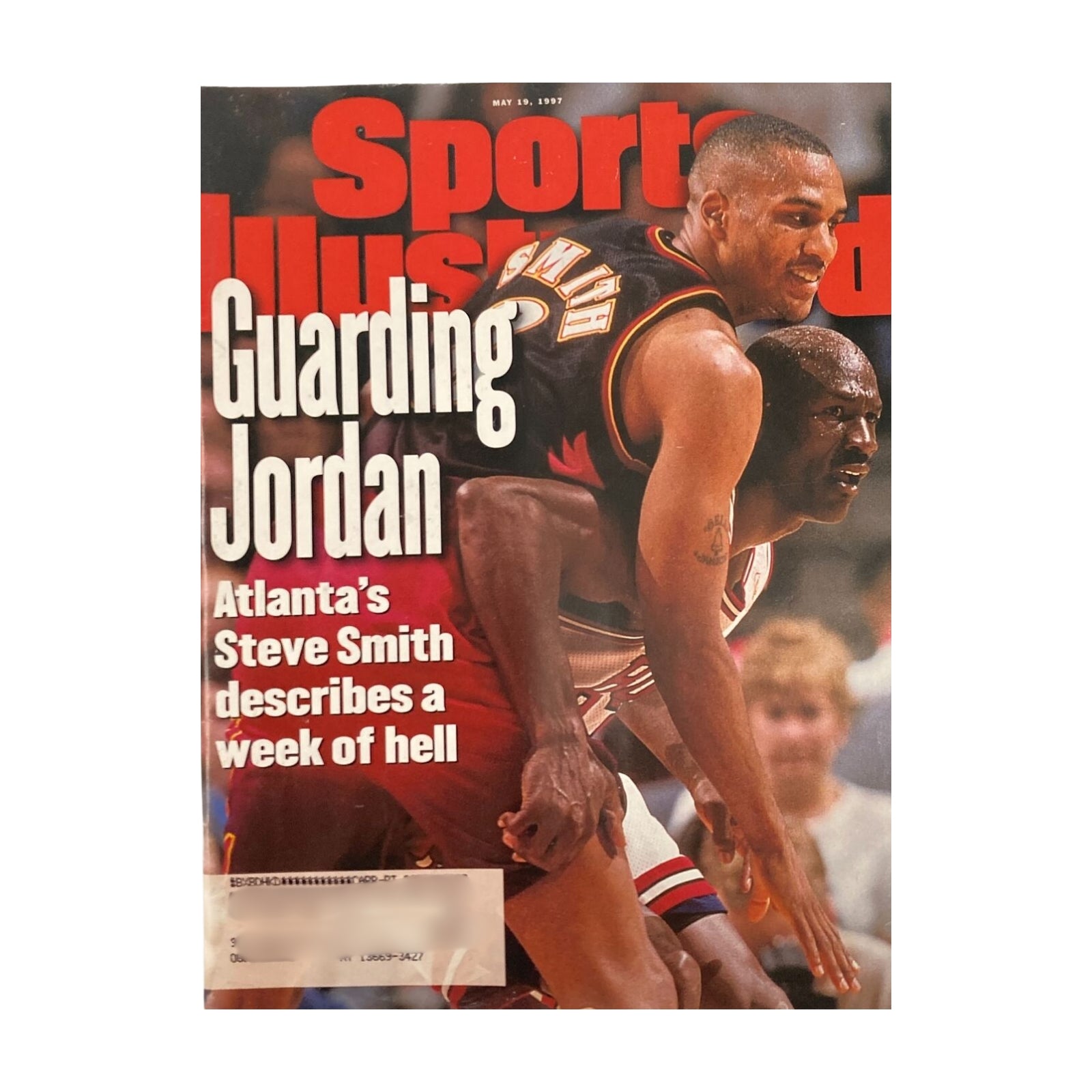 Sports Illustrated Magazine cover from May 19, 1997, titled 'Guarding Jordan,' featuring Michael Jordan and Steve Smith during an NBA playoff matchup. Part of the collection: Lot of 6 1996-1999 Sports Illustrated Magazine NBA Michael Jordan Chicago Bulls.