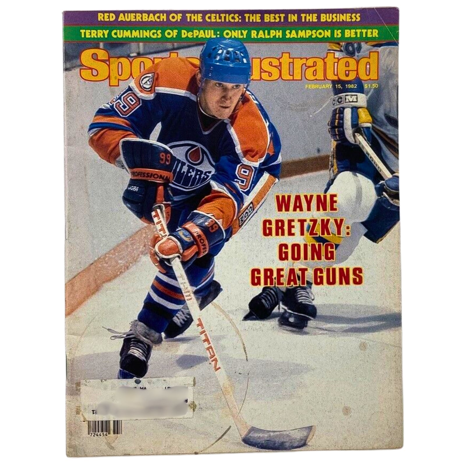 Cover of Sports Illustrated magazine featuring Wayne Gretzky titled 'Wayne Gretzky: Going Great Guns,' from February 15, 1982.