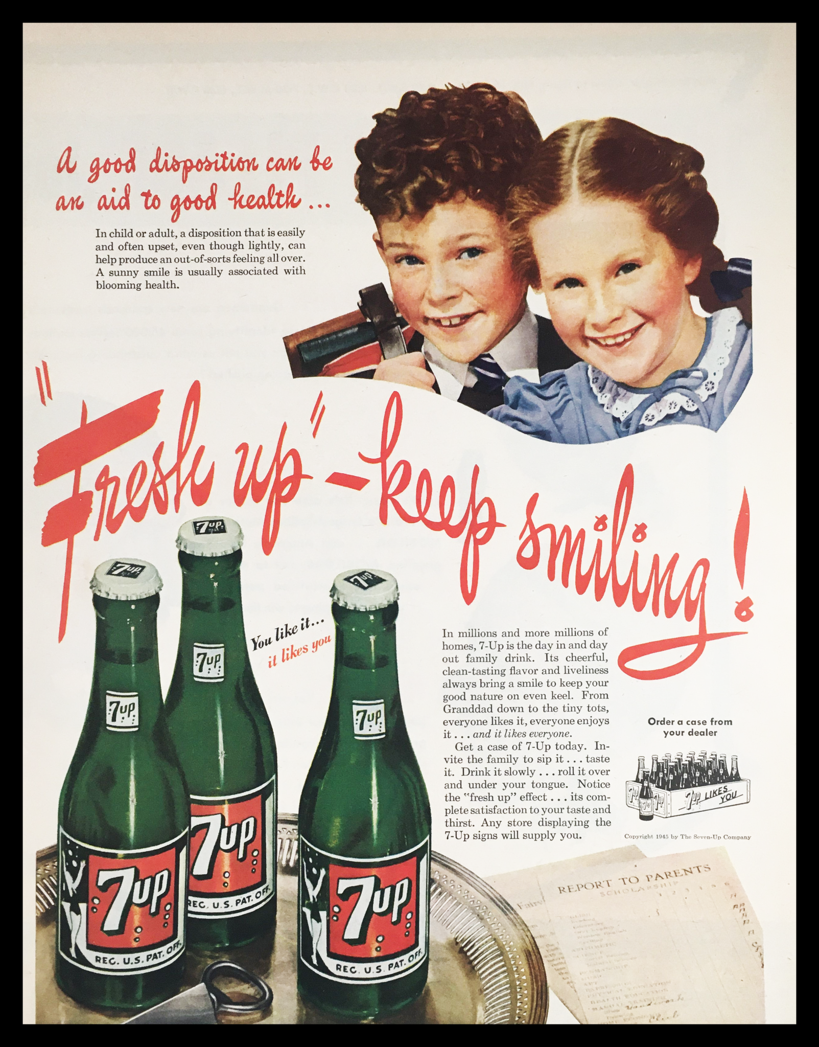 1945 7-Up Fresh Up Keep Smiling Vintage Print Ad