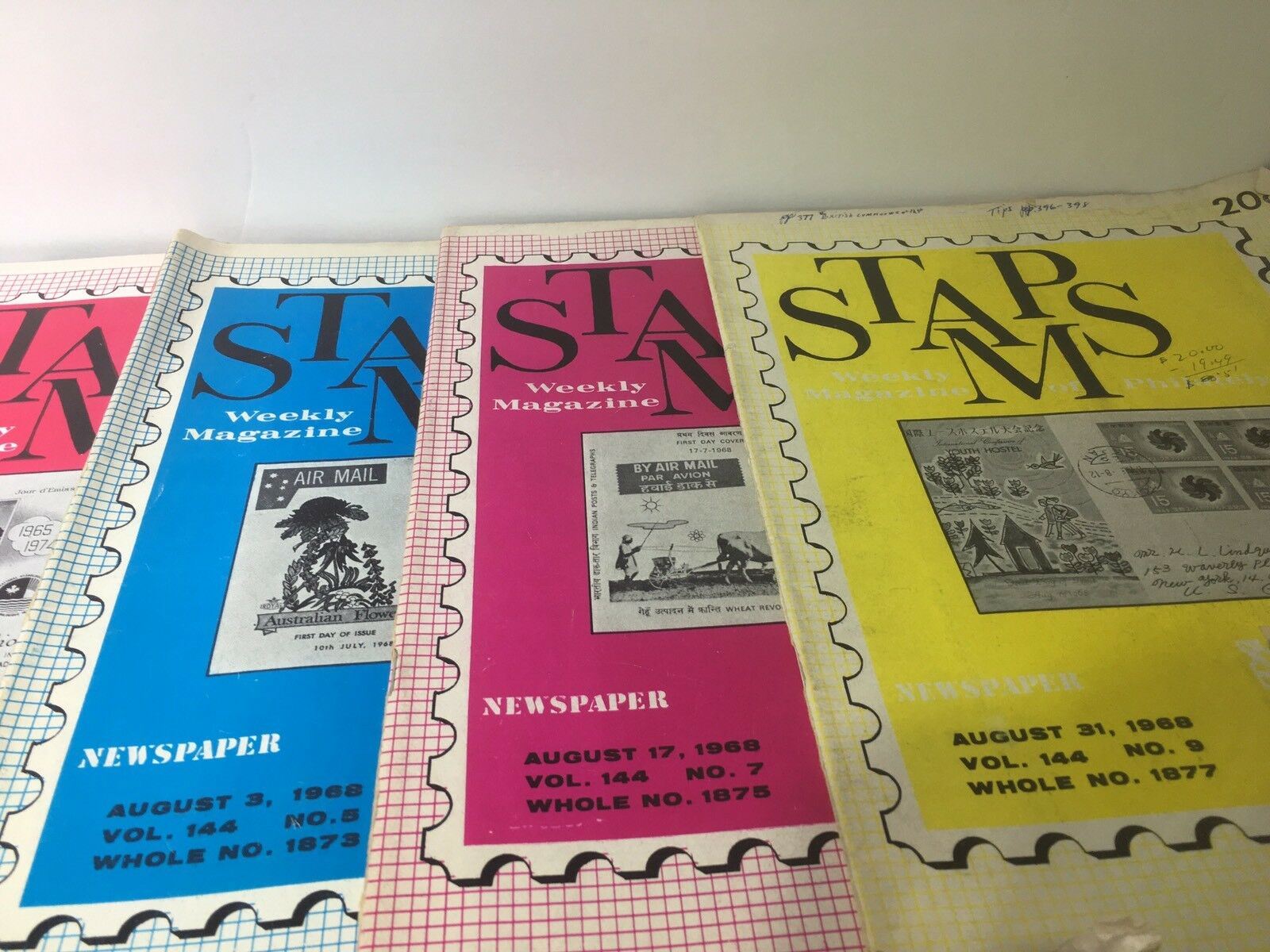 Collection of Vintage HTF Stamps Weekly Magazines of Philately from 1968 featuring vibrant colors and stamp-related content.