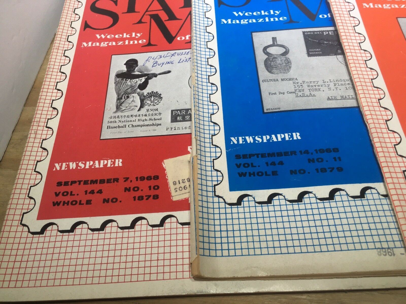 Detailed view of multiple Vintage HTF Stamps Weekly Magazines from 1968 displaying publication dates and featured stamps.