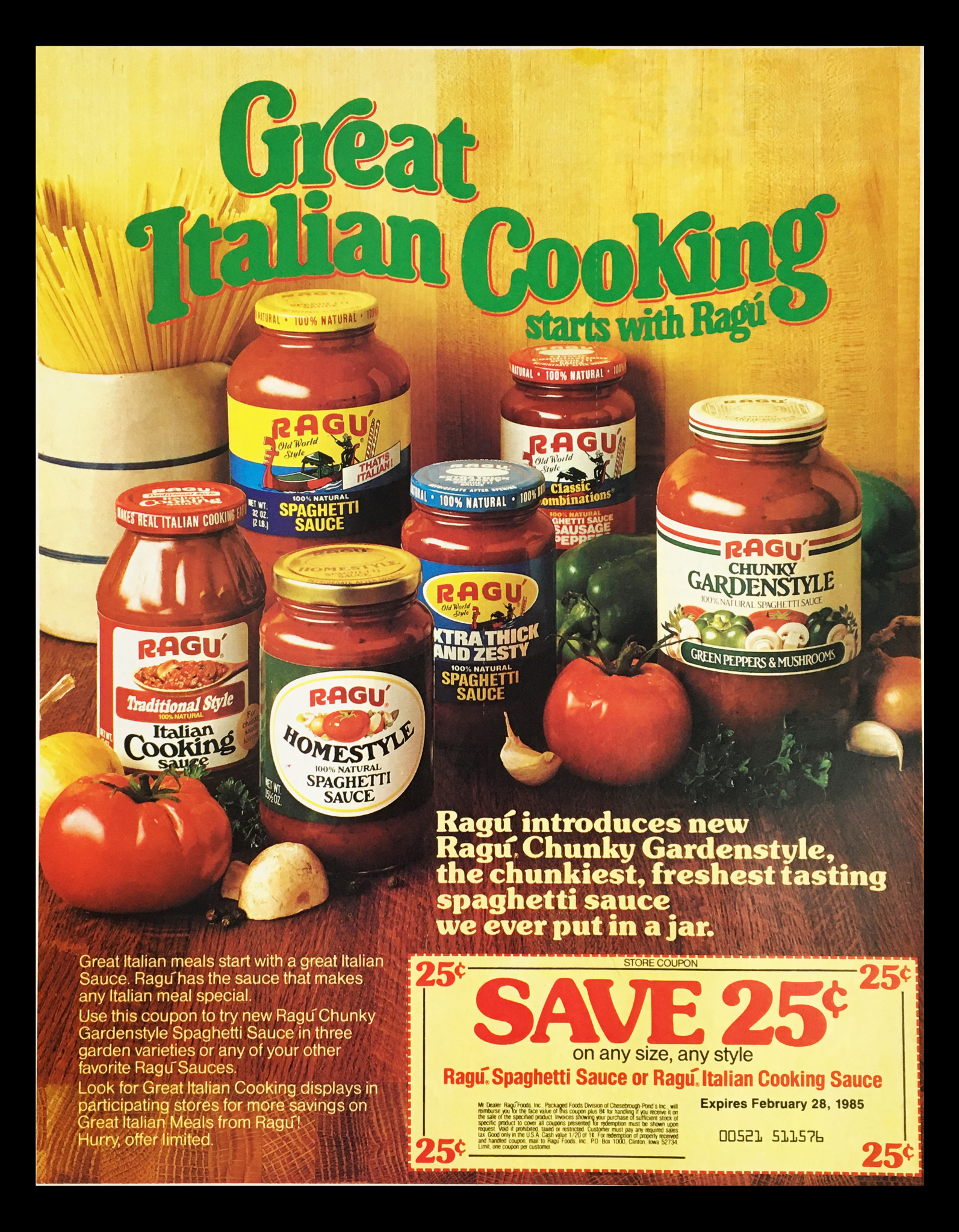 1985 Ragu Chunky Gardenstyle Spaghetti Sauce Circular Coupon Advertisement