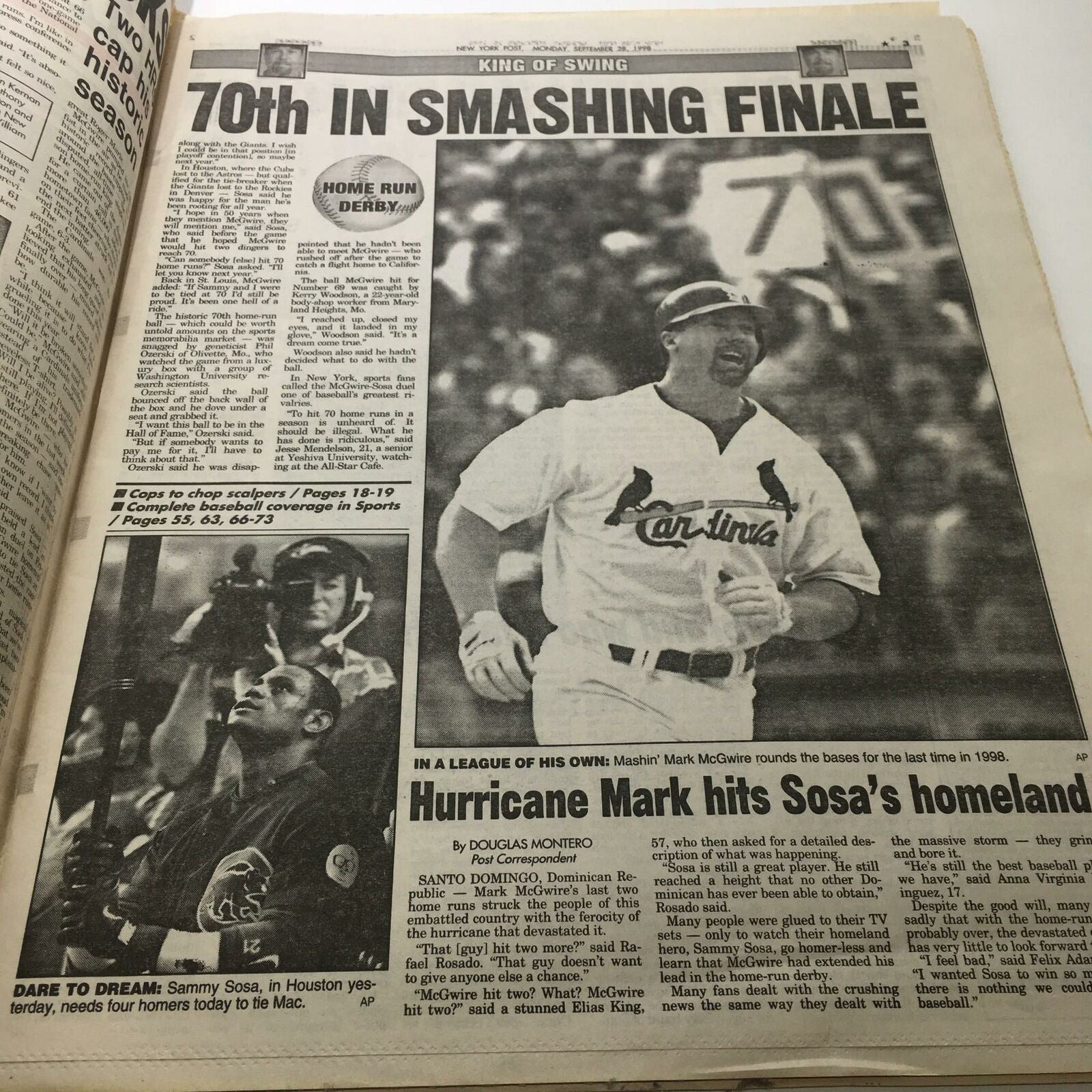 New York Post: Sept 28 1998 The King of Swing Mark Mcgwire sosa 70 hr chase