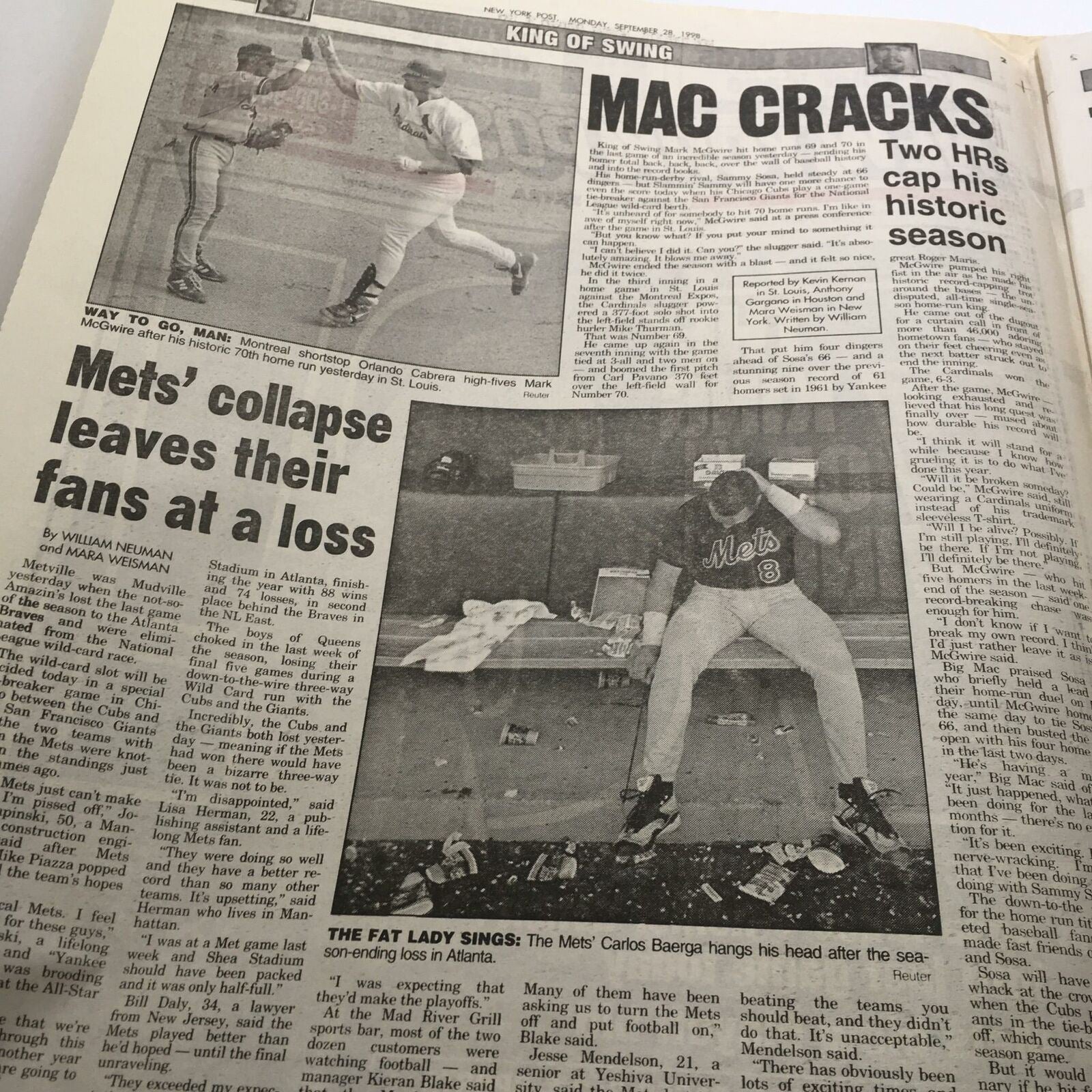 New York Post: Sept 28 1998 The King of Swing Mark Mcgwire sosa 70 hr chase