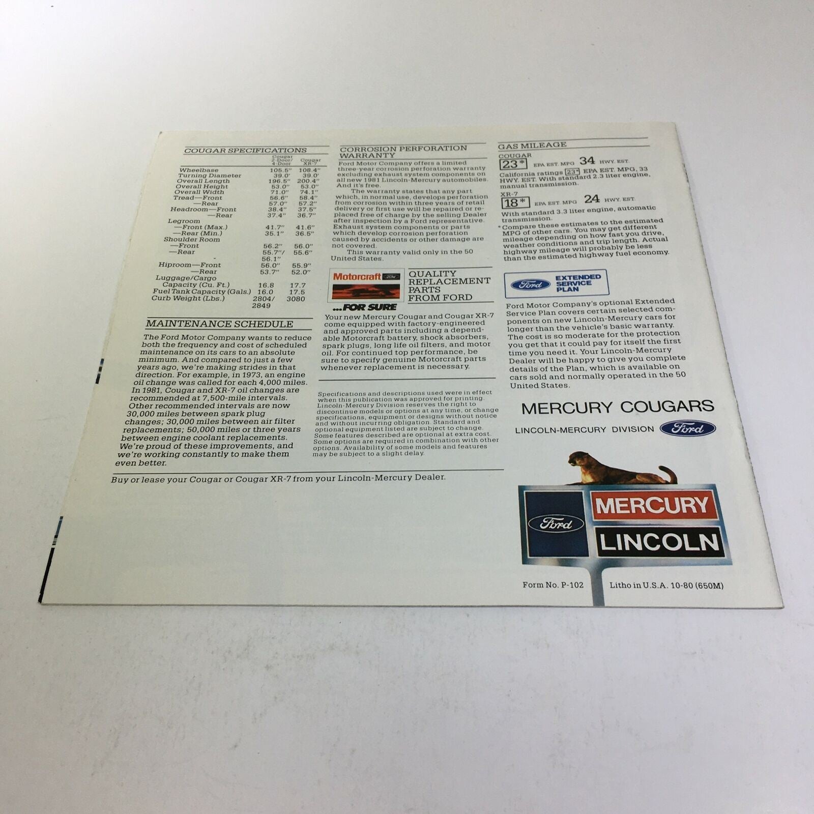 1981 Lincoln-Mercury Cougars XR-7 Inspired Sedan 3.3 Liter AT Car Sale Brochure