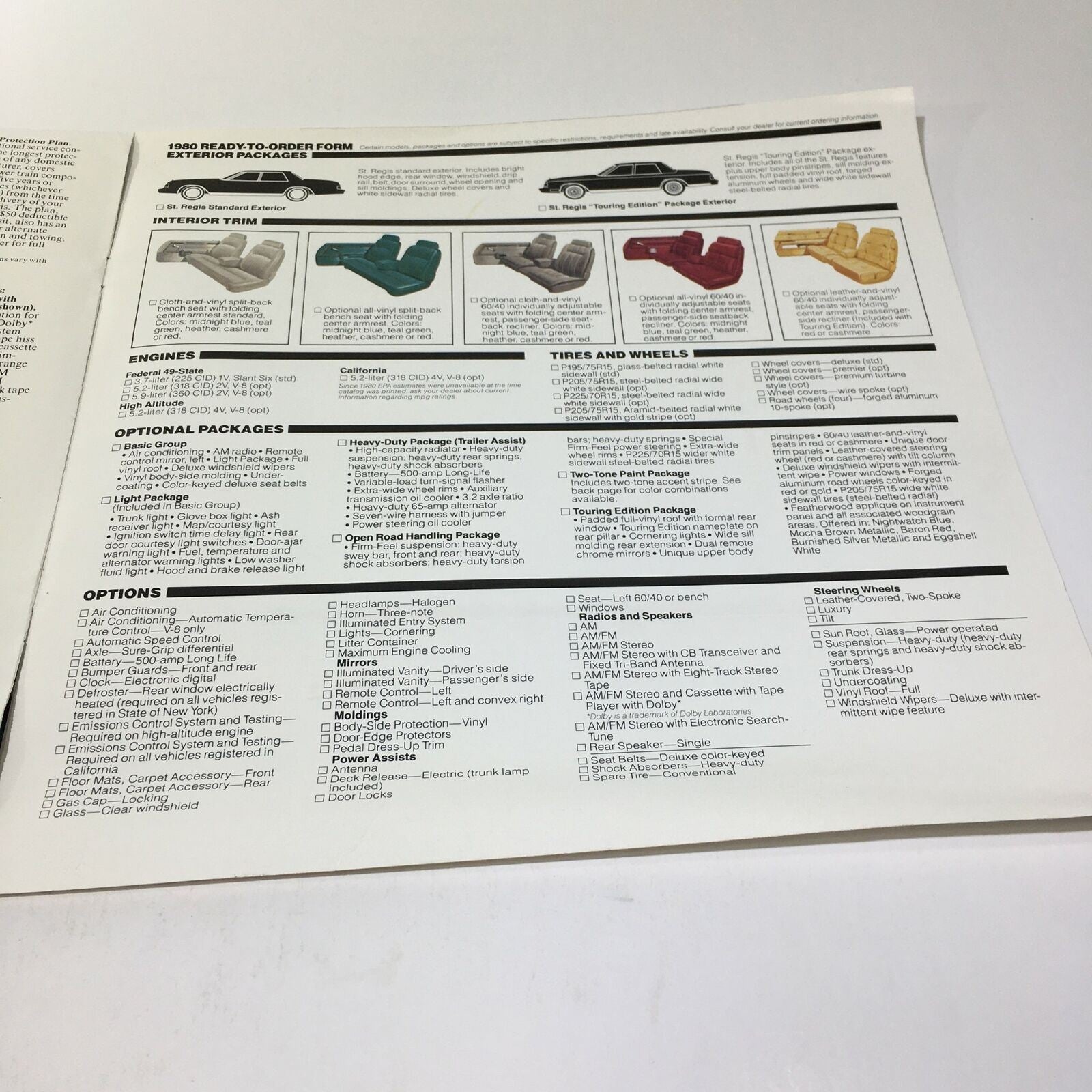 1980 Dodge St. Regis 225 Slant Six Standard V-8 Engine Options Car Brochure