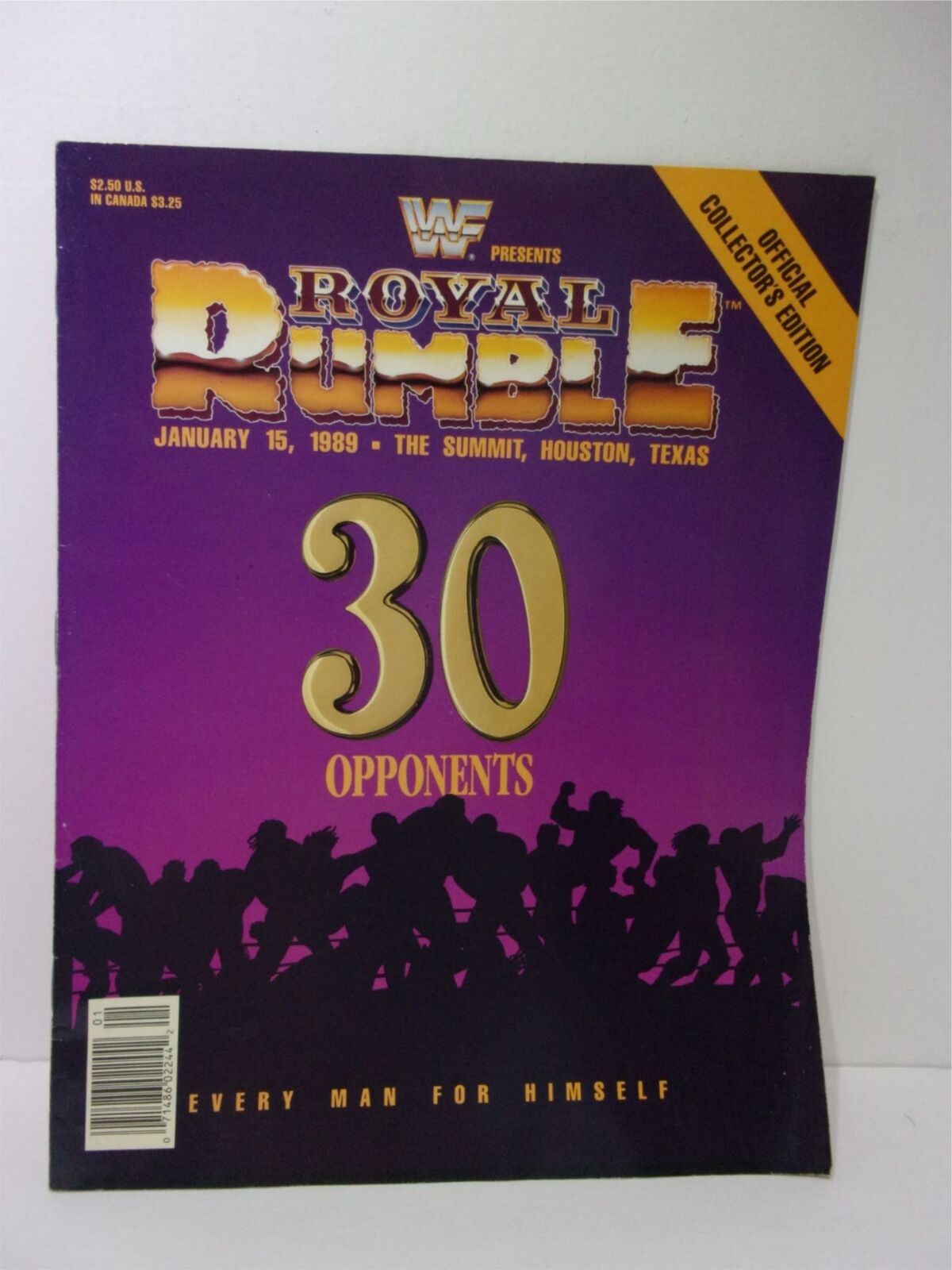 Cover of WWF magazine featuring the title 'Royal Rumble January 15 1989 - 30 Opponents Every Man for Himself'. The cover has a vibrant purple background with bold gold text and illustrations of wrestlers in action, indicating it is an official collector's edition.
