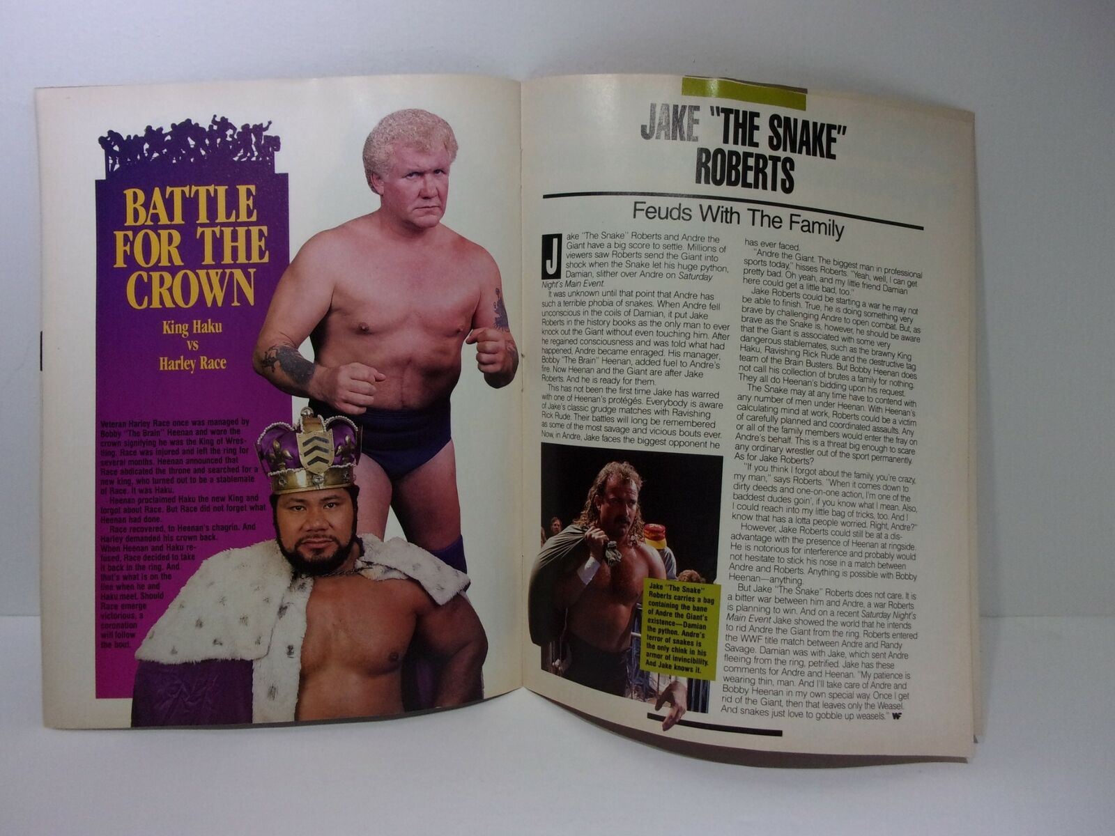 Inside pages featuring King Haku vs Harley Race advertisement and Jake 'The Snake' Roberts biography from the WWF Program: Royal Rumble January 15 1989 - 30 Opponents Every Man for Himself.