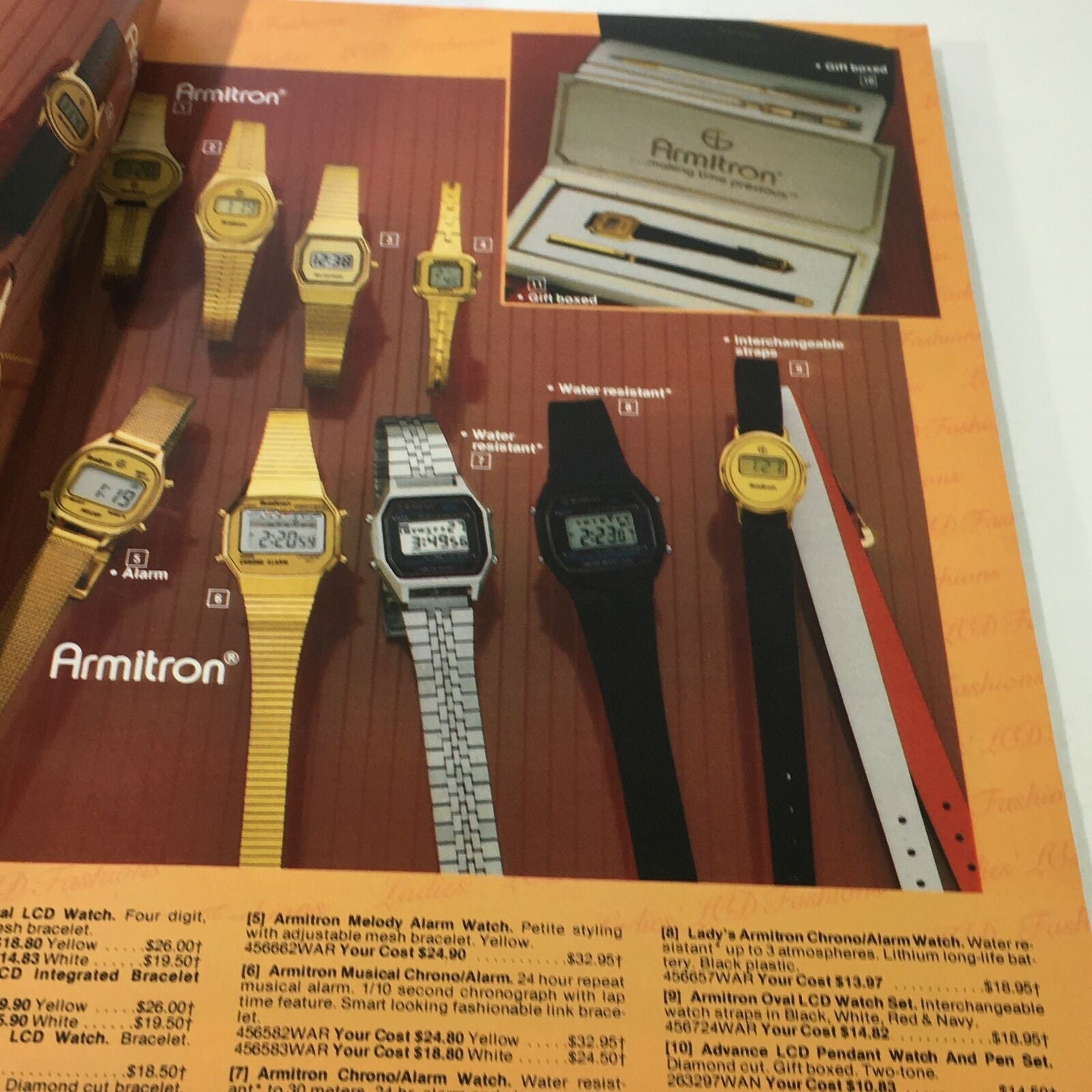 VTG Service Merchandise Catalog Showroom 1983-1984 Volume 14 showcasing multiple Armitron wristwatches with digital displays in a variety of styles and colors, including gold and black models. The image includes pricing and product descriptions.