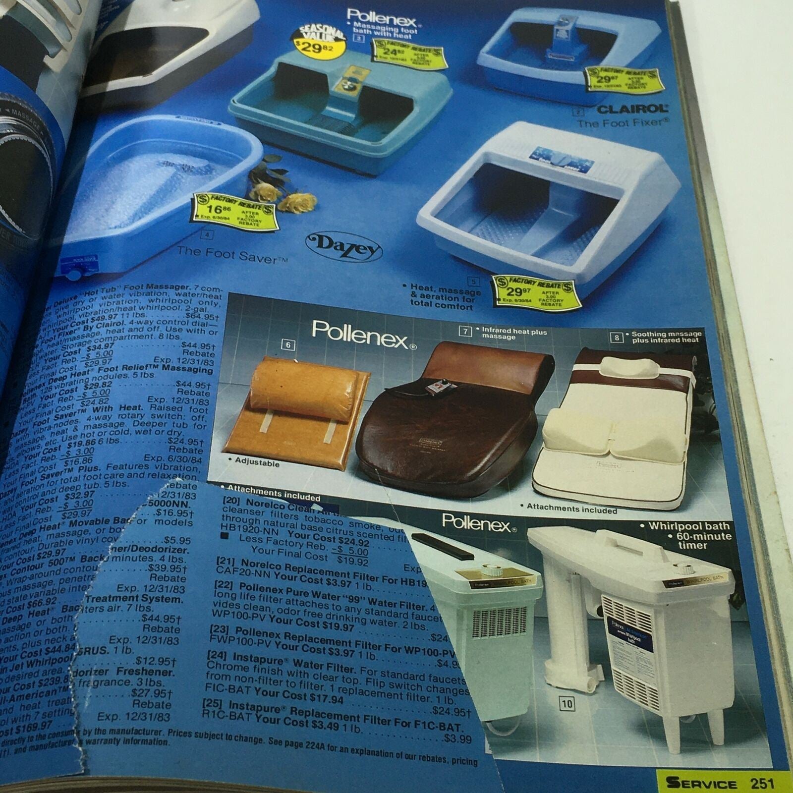 VTG Service Merchandise Catalog Showroom 1983-1984 Volume 14 presenting a diverse range of Pollenex wellness products including foot massagers and whirlpool baths. The page lists prices and product descriptions.