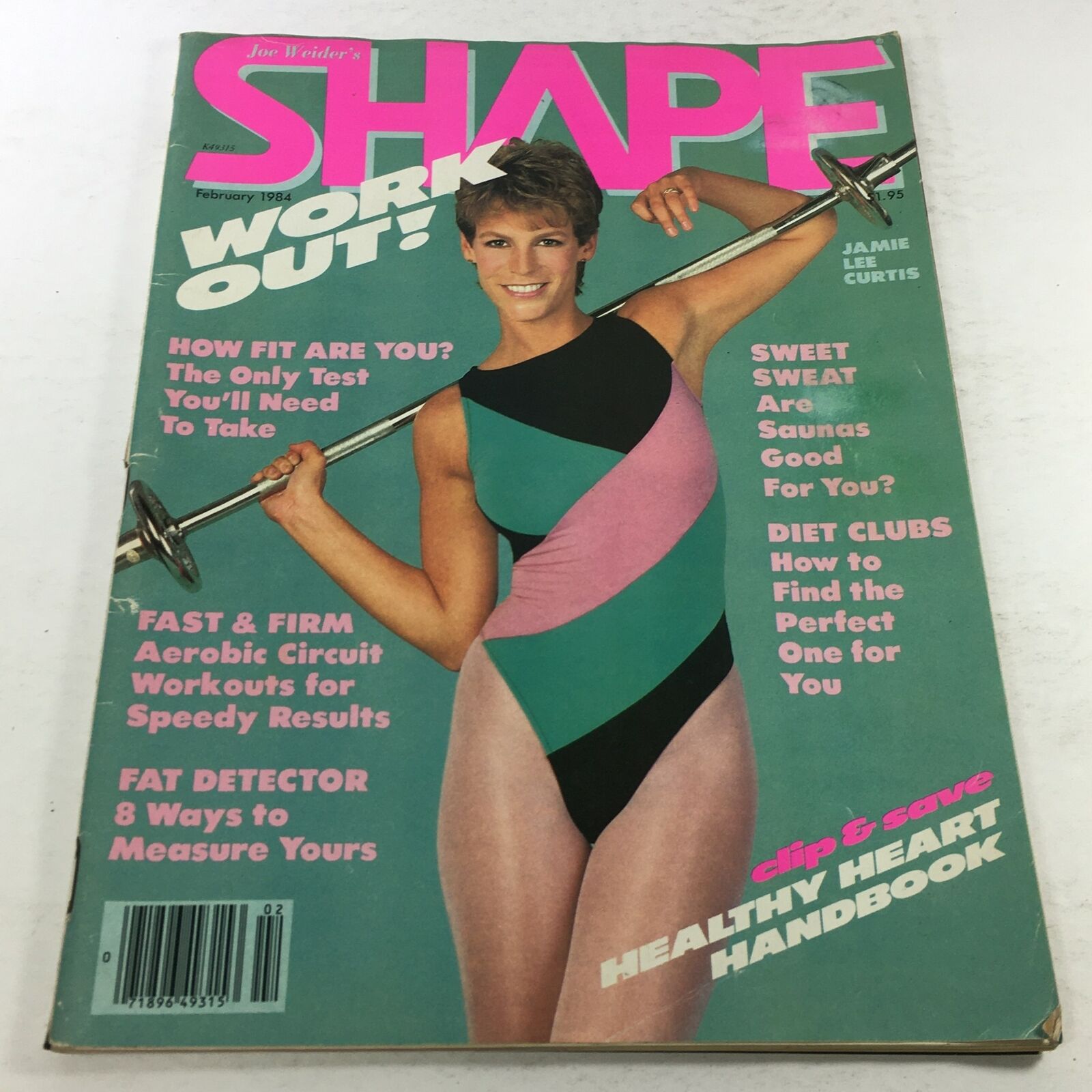 VTG Joe Weider's Shape Magazine: February 1984 cover featuring Jamie Lee Curtis, showcasing fitness trends of the early 80s with vibrant colors and workout imagery.
