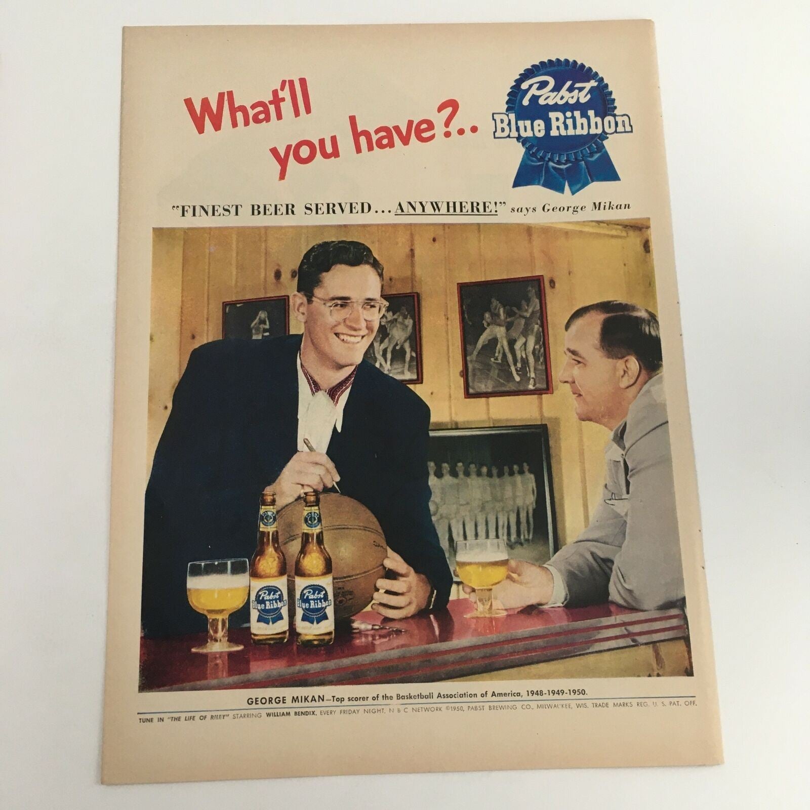 1950 Pabst Blue Ribbon Finest Beer Starring George Mikan Vintage Print Ad