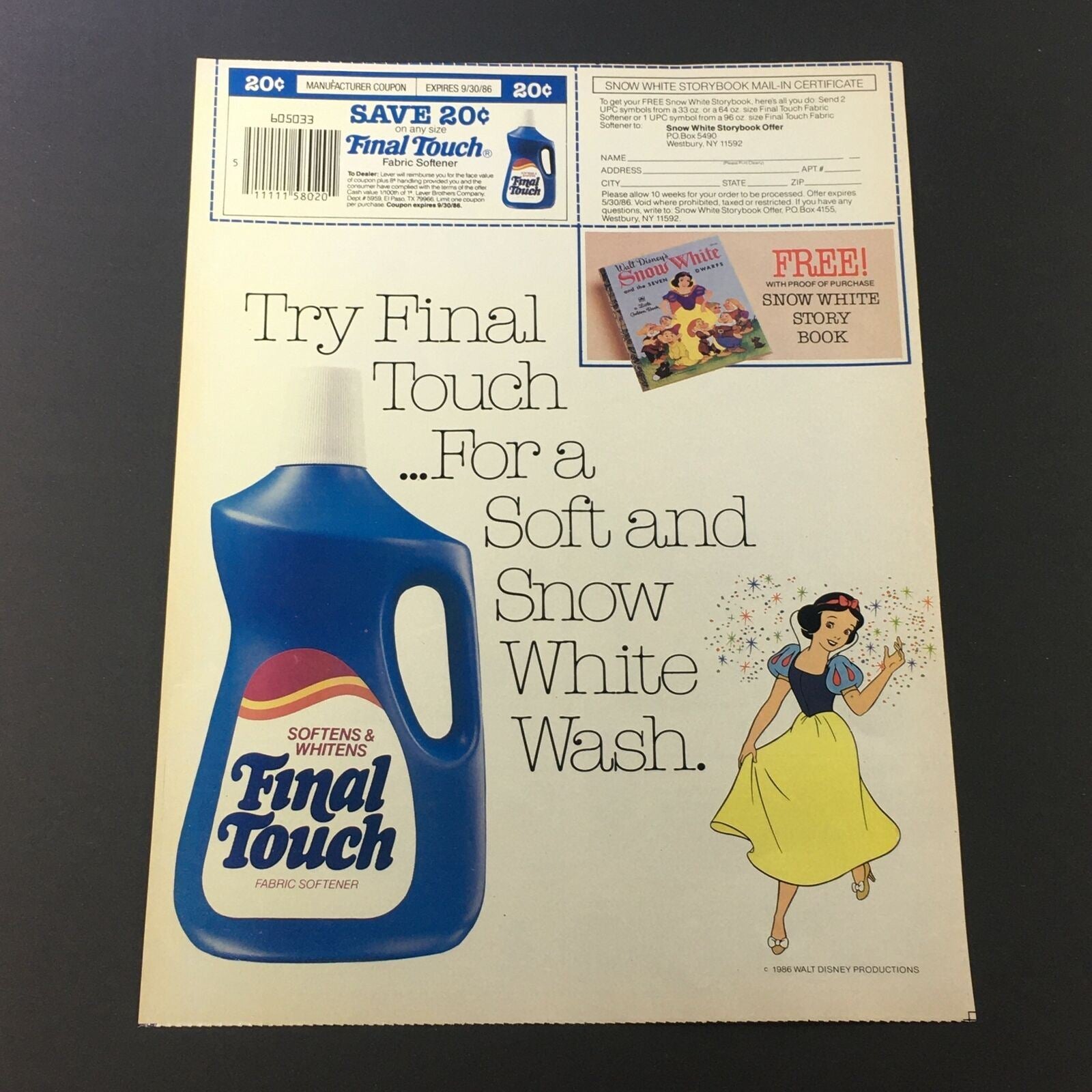 VTG Retro 1986 Final Touch Fabric Softener FREE Snow White Story Book Ad Coupon