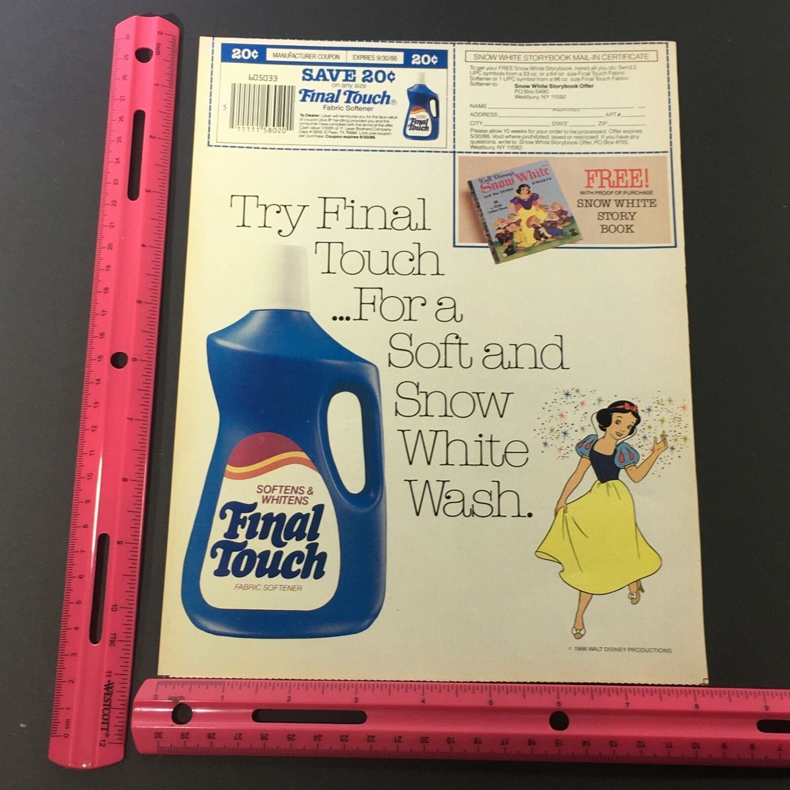 VTG Retro 1986 Final Touch Fabric Softener FREE Snow White Story Book Ad Coupon