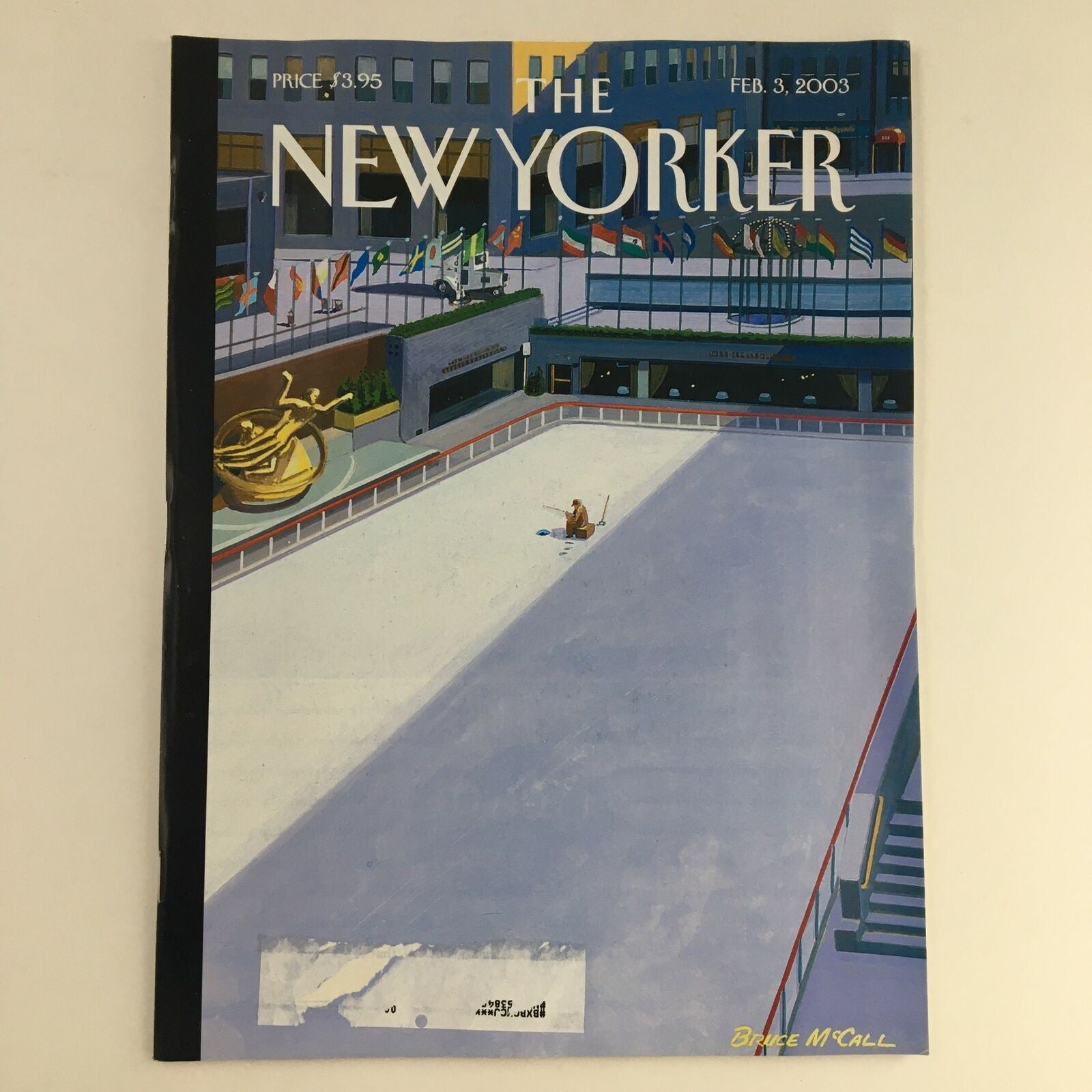 The New Yorker Full Magazine February 3, 2003 featuring the stunning cover art titled Stocked Pond by Bruce McCall, showcasing a polished icy scene with flags and a striking gold sculpture in the background.