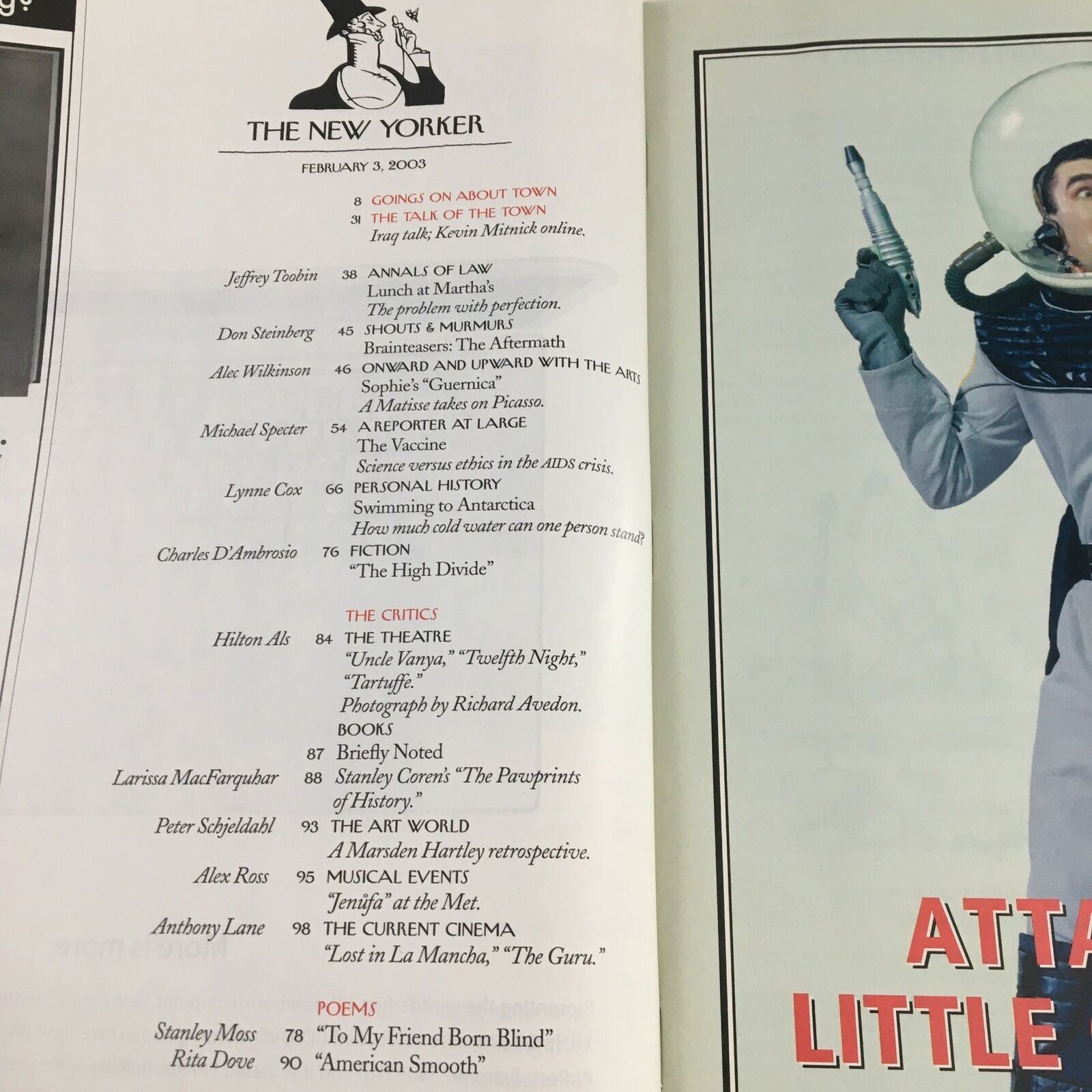 The New Yorker Full Magazine February 3, 2003, featuring an interior page listing articles and contributors including Jeffrey Toobin and Lynne Cox, emblematic of the engaging content and literary style of the magazine.