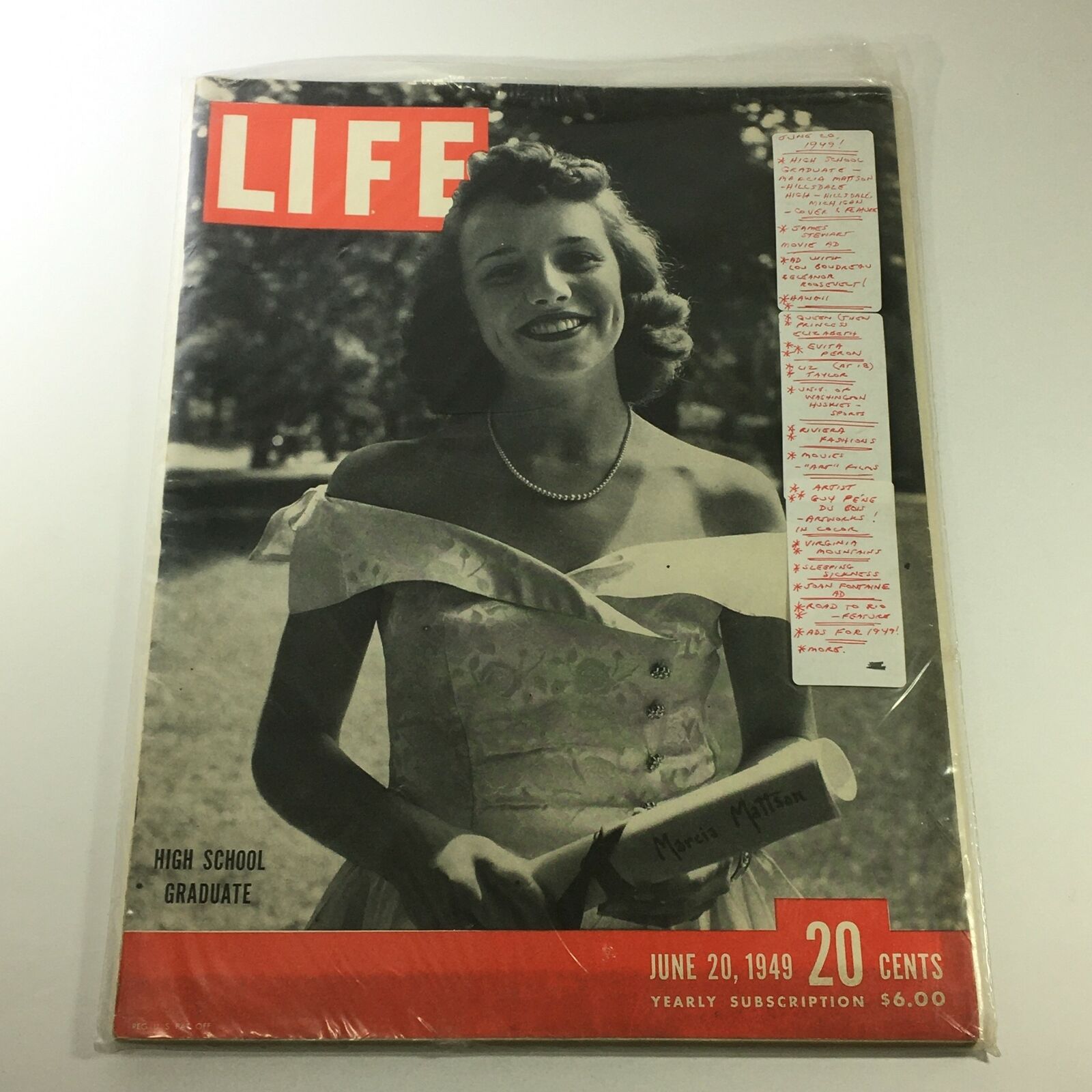 VTG Life Magazine June 20 1949 High School Graduate Marcia Mattson, Newsstand