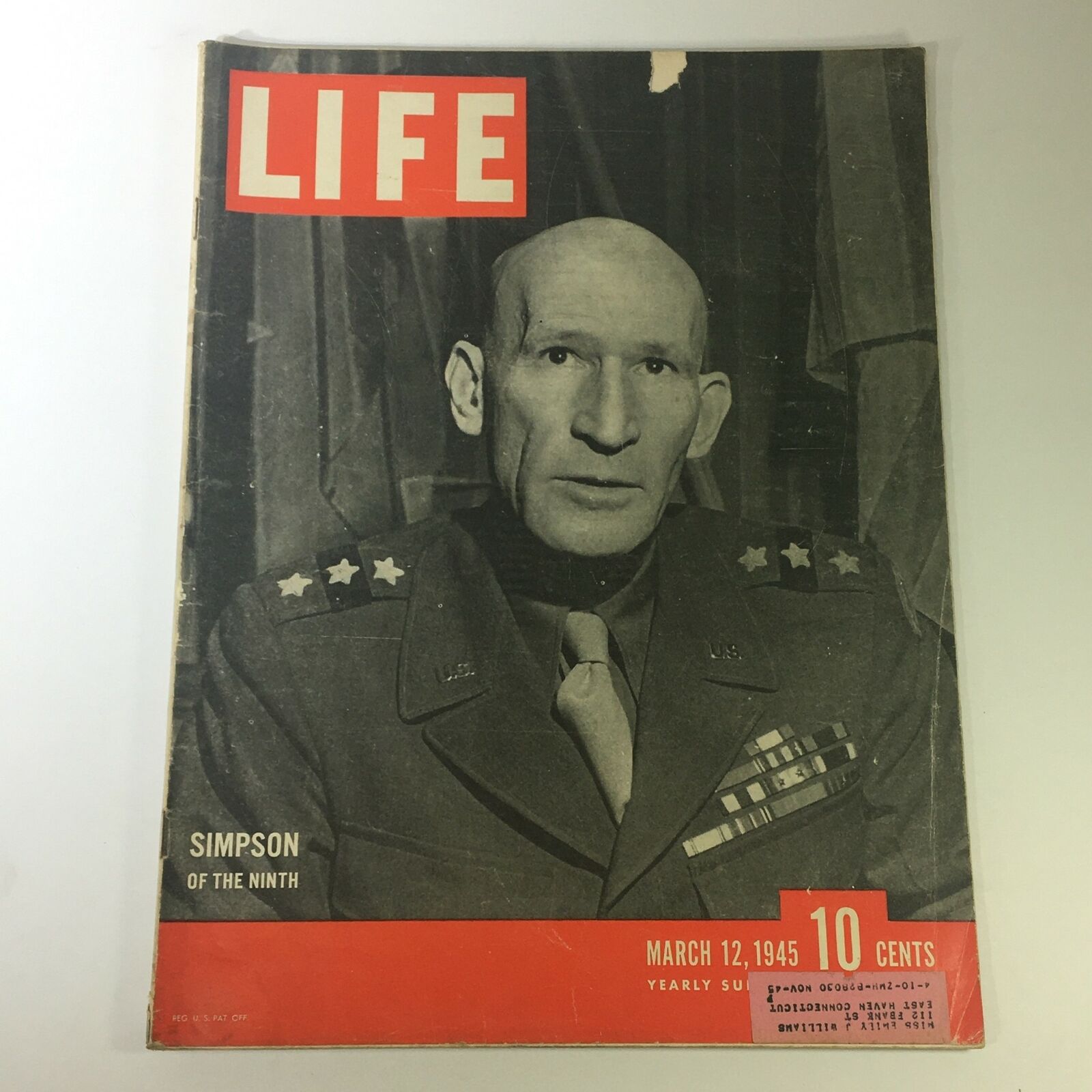 VTG Life Magazine March 12 1945 General William Hood Simpson Cover & Feature