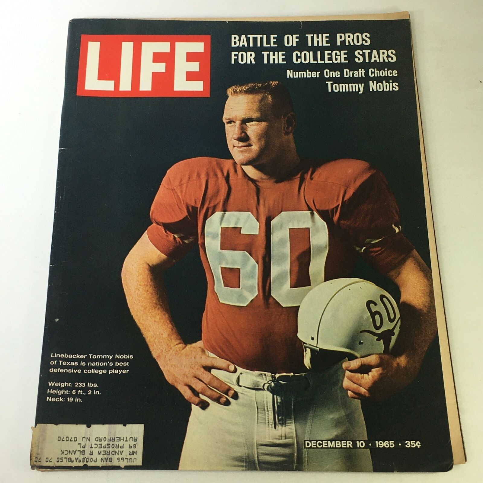 VTG Life Magazine December 10 1965 - Linebacker Tommy Nobis #1 Draft Choice