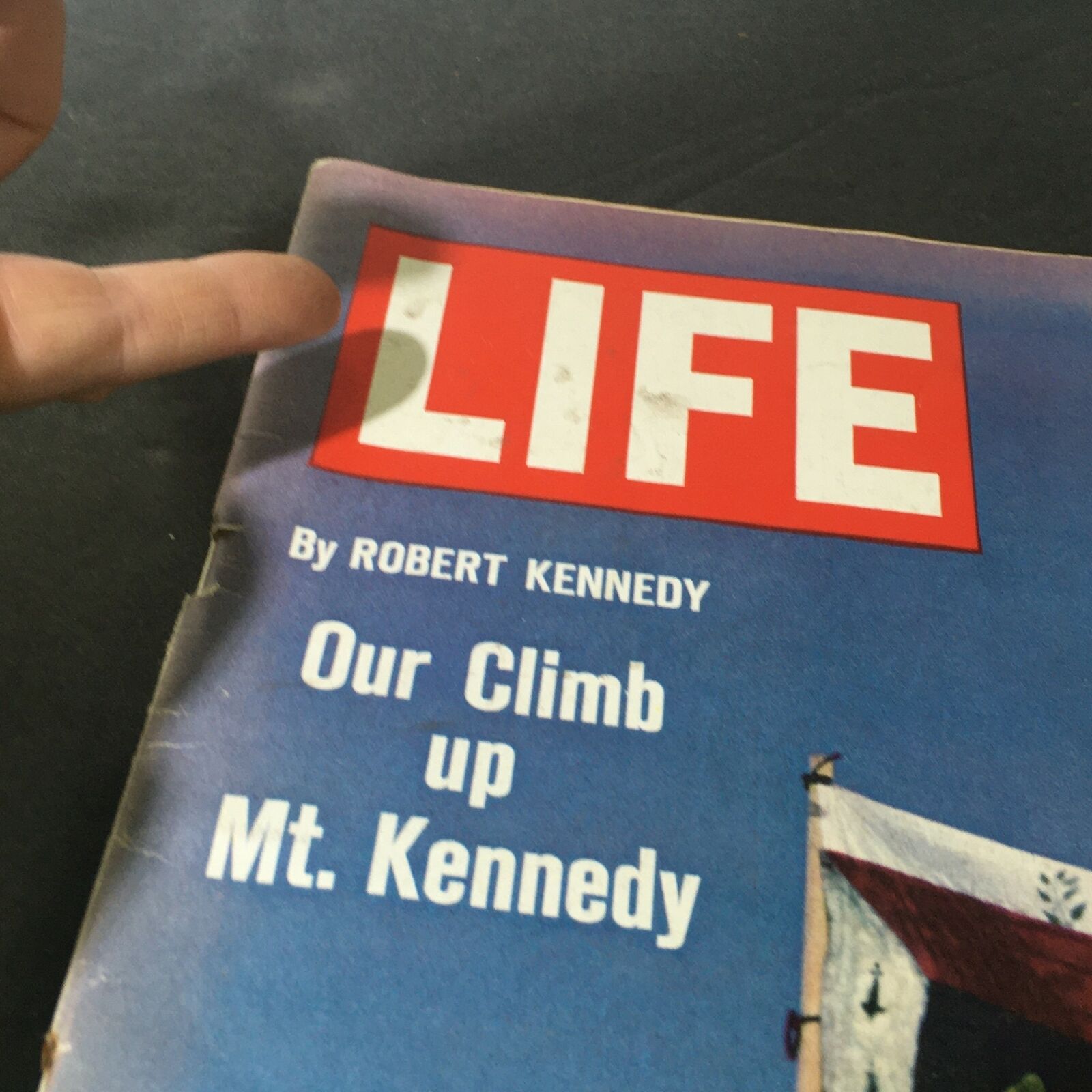 Close-up view of the Life Magazine title from April 9 1965, highlighting Robert Kennedy's climb at Mt. Kennedy.