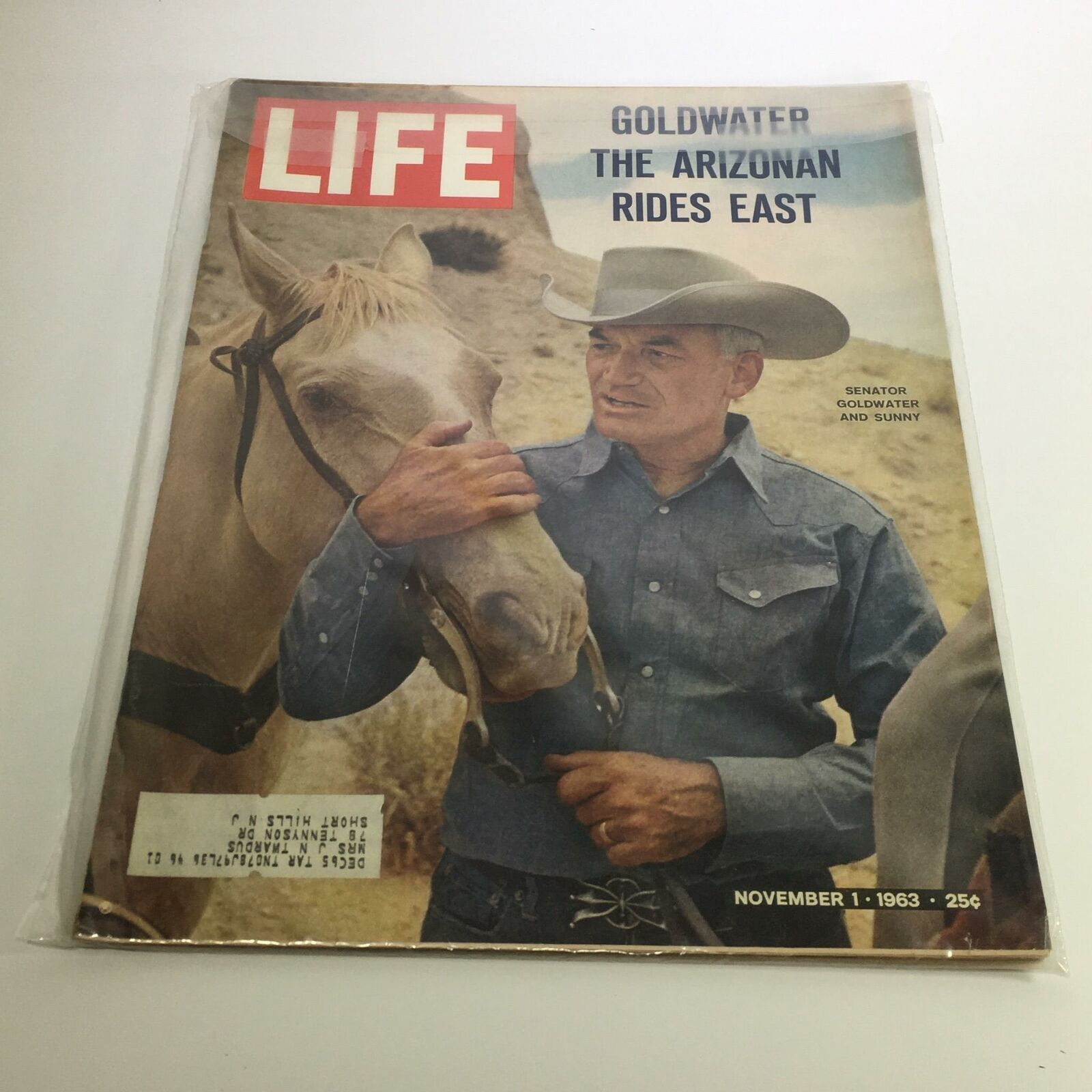 Cover of Life Magazine November 1, 1963 featuring Barry Goldwater with a horse, highlighting the article 'The Arizonan Rides East'.