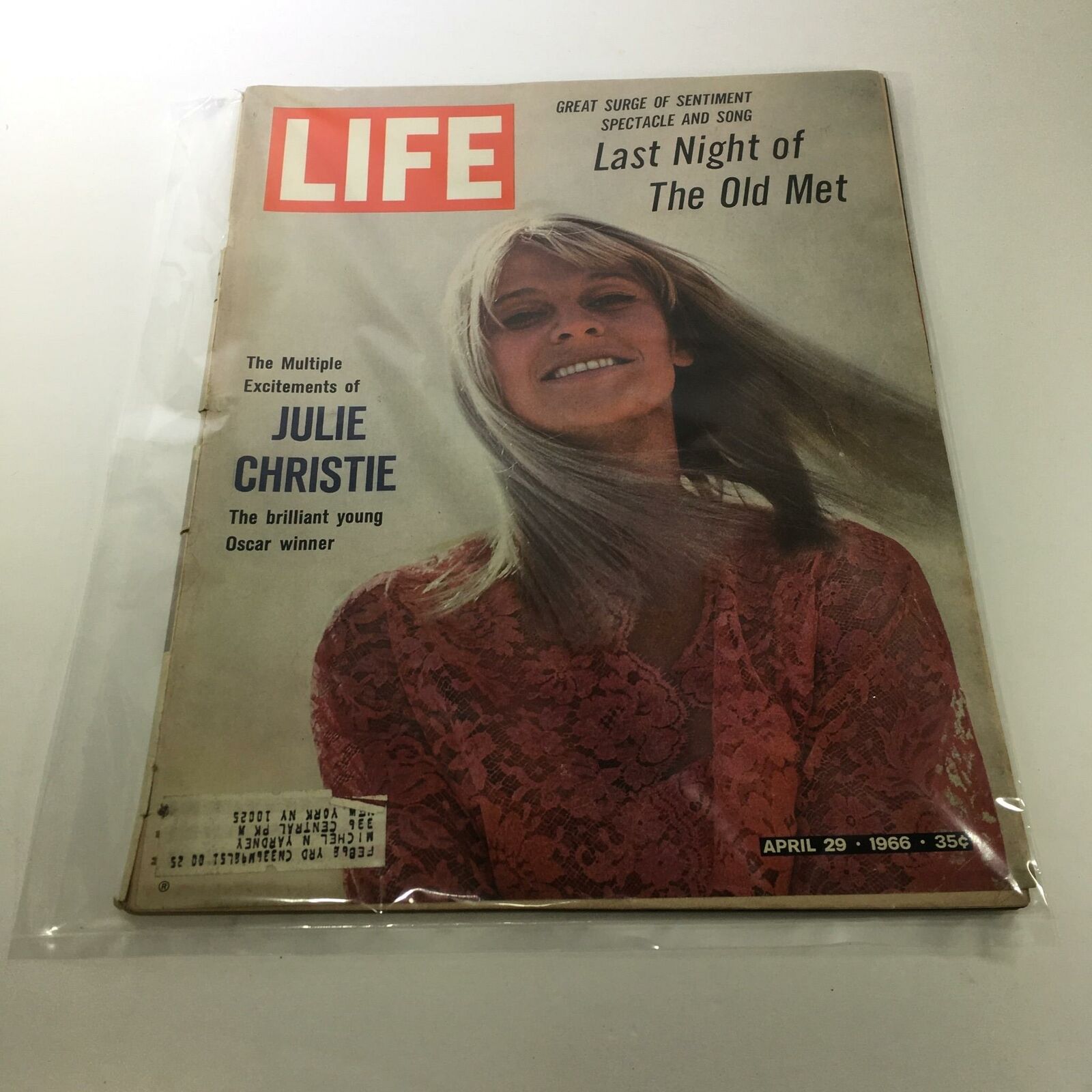 Life Magazine cover from April 29, 1966, featuring Julie Christie, the brilliant young Oscar winner, showcasing her in a vibrant pose with flowing hair and a pink lace dress. This vintage magazine captures a significant moment in 1960s Hollywood.