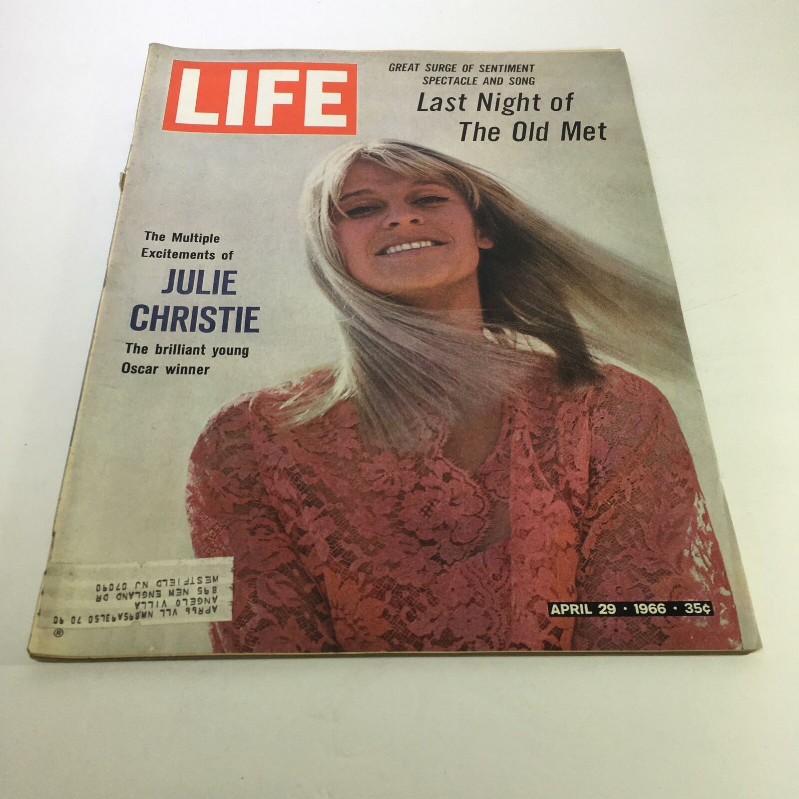 Vintage Life Magazine cover from April 29, 1966, featuring Julie Christie with the title 'The Multiple Excitements of Julie Christie,' showcasing her allure and charm.